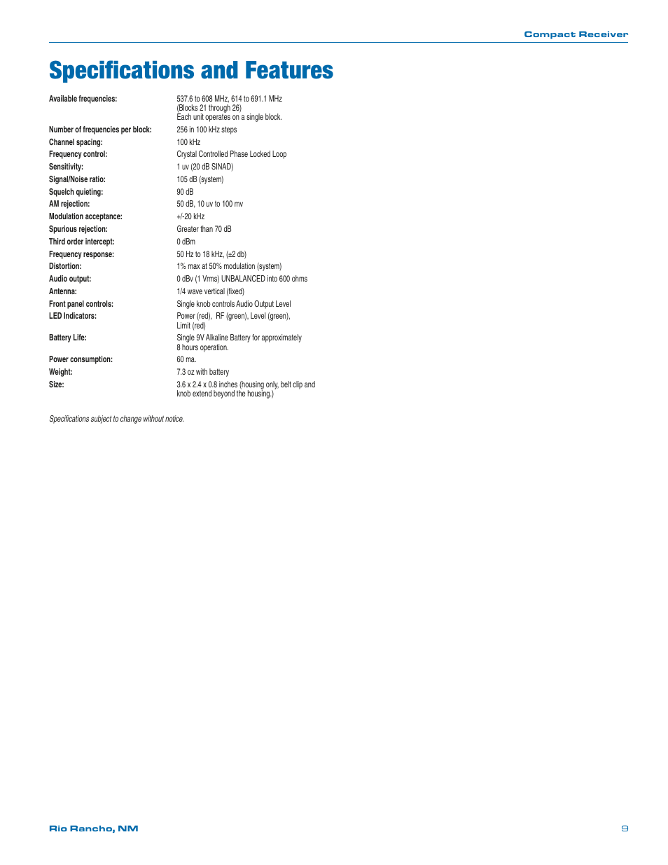 Specifications and features | Lectrosonics UCR100 User Manual | Page 9 / 12