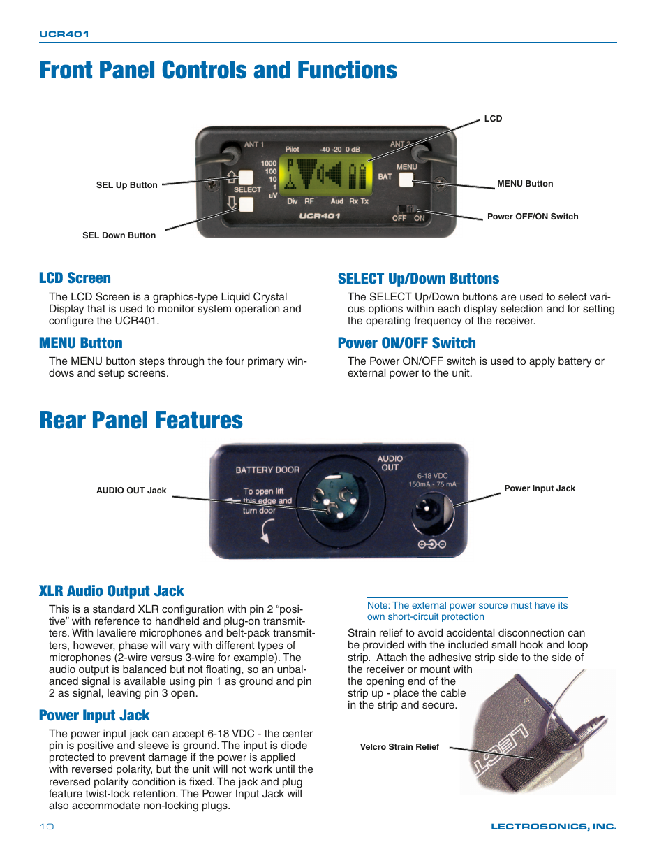 Front panel controls and functions, Lcd screen, Menu button | Select up/down buttons, Power on/off switch, Rear panel features, Xlr audio output jack, Power input jack | Lectrosonics UCR401 User Manual | Page 10 / 28