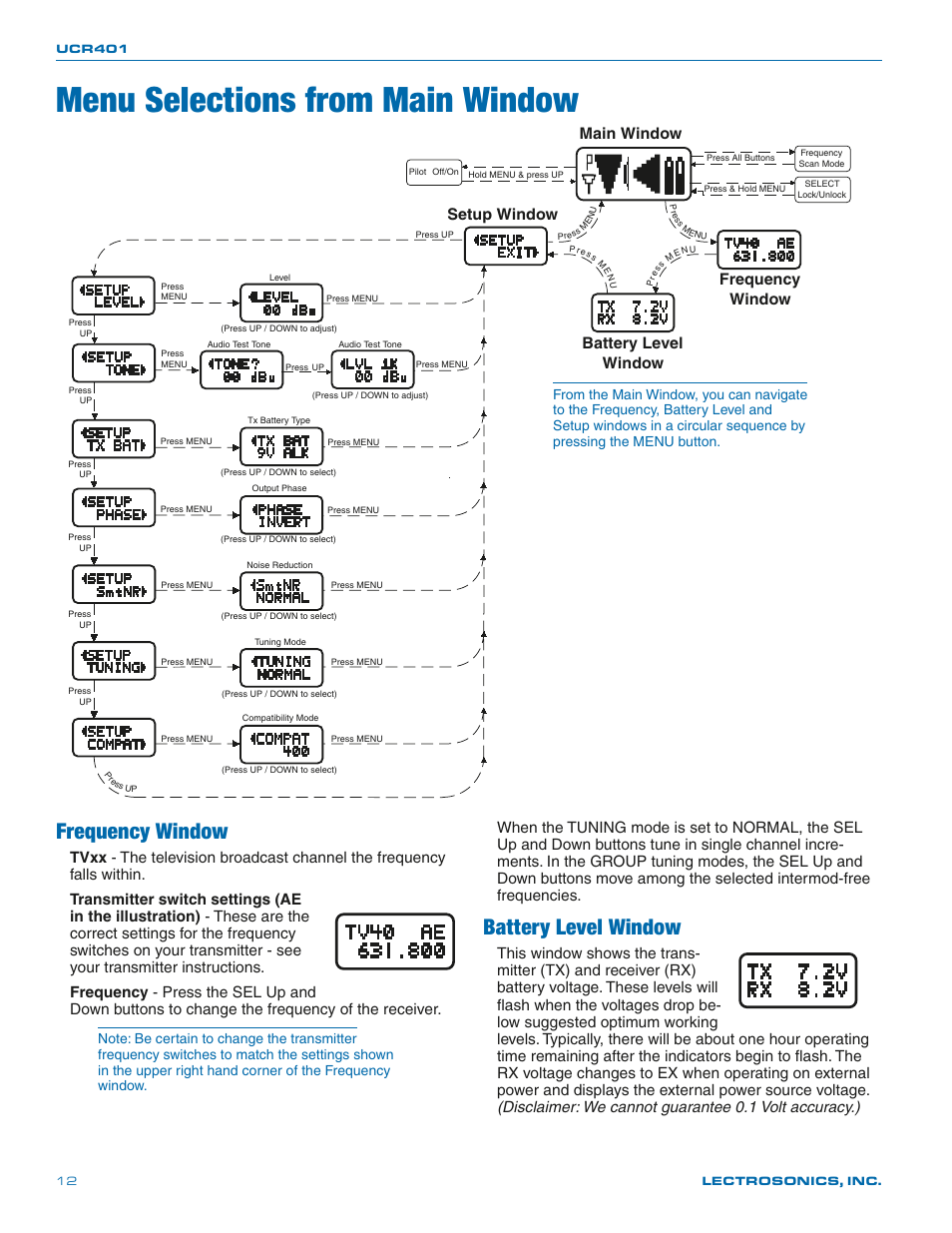 Menu selections from main window, Frequency window, Battery level window | Battery level window frequency window main window, Setup window | Lectrosonics UCR401 User Manual | Page 12 / 28