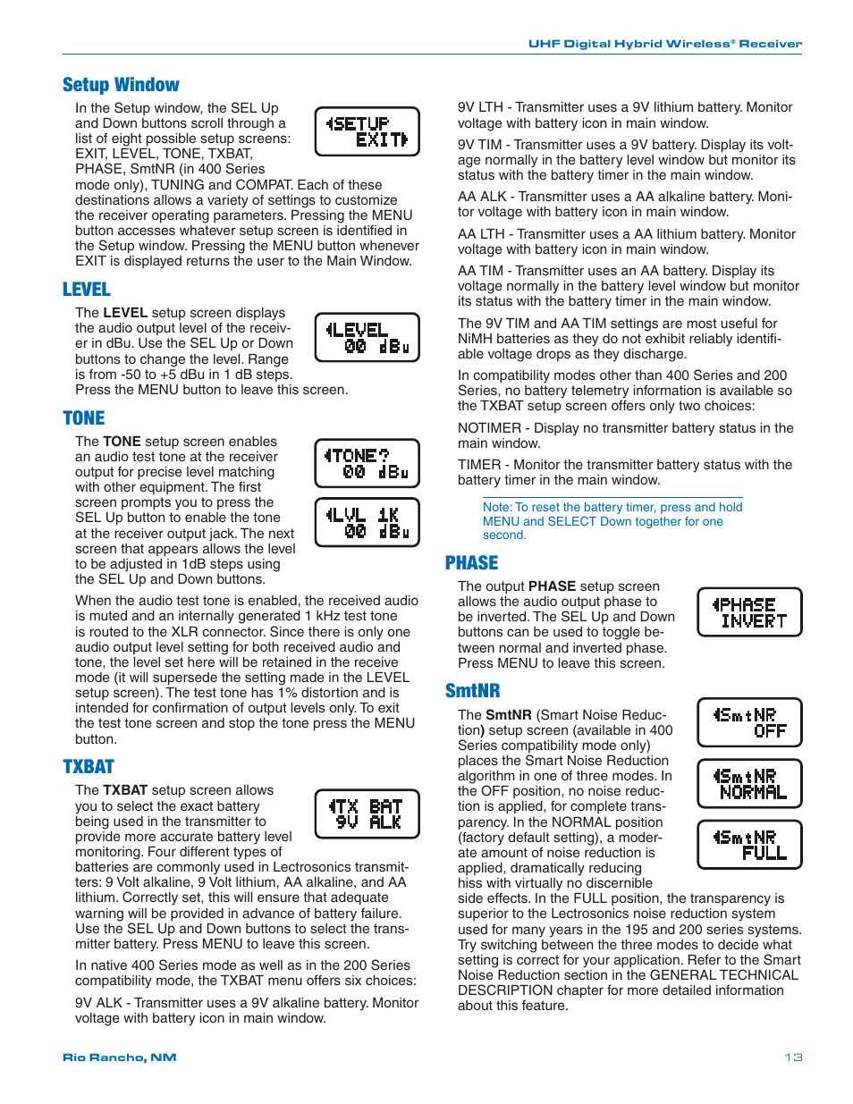 Setup window, Level, Tone | Txbat, Phase, Smtnr | Lectrosonics UCR401 User Manual | Page 13 / 28