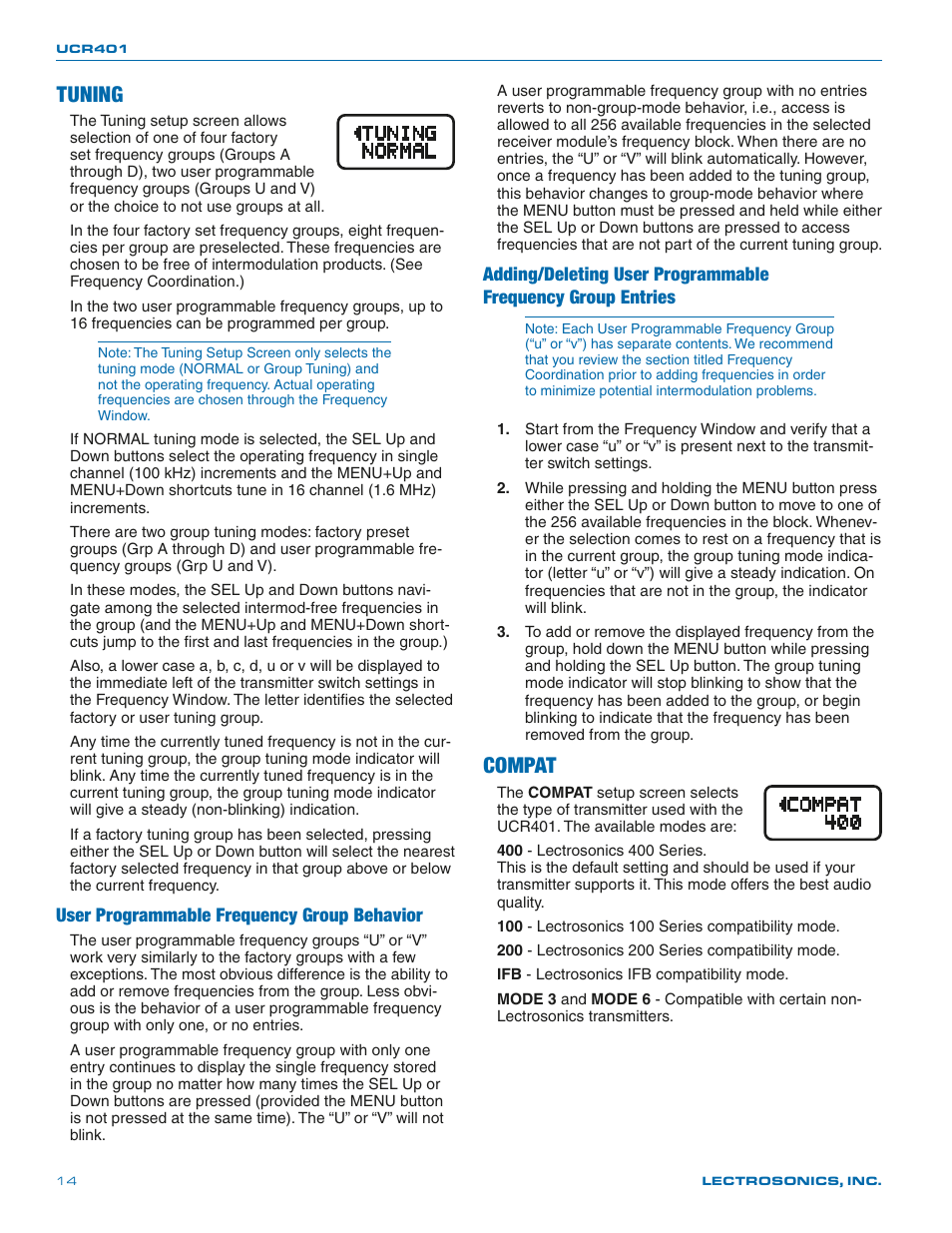 Tuning, Compat, User programmable frequency group behavior | Lectrosonics UCR401 User Manual | Page 14 / 28