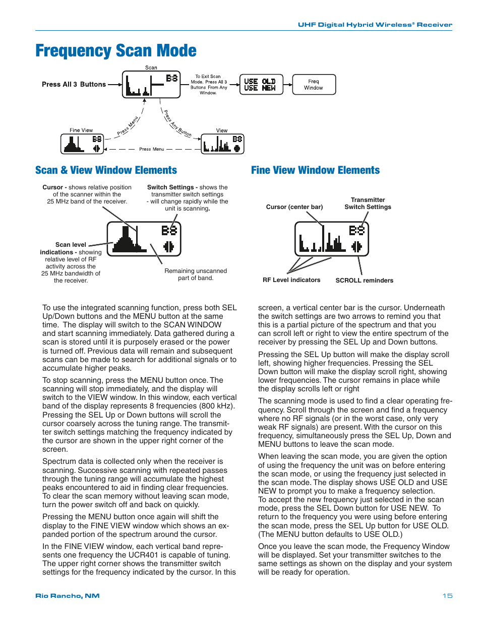Frequency scan mode, Scan & view window elements, Fine view window elements | Lectrosonics UCR401 User Manual | Page 15 / 28
