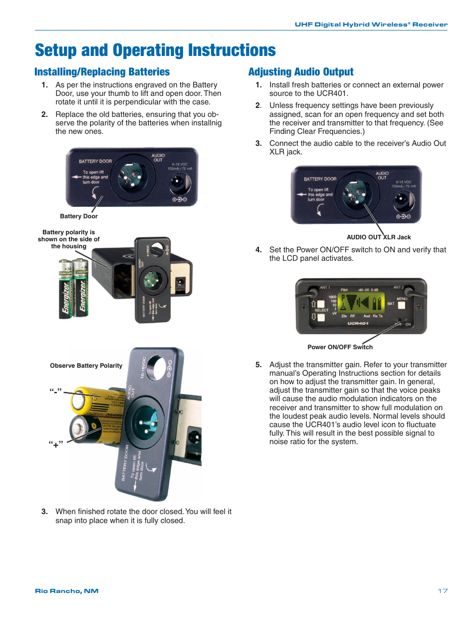 Setup and operating instructions, Installing/replacing batteries, Adjusting audio output | Lectrosonics UCR401 User Manual | Page 17 / 28