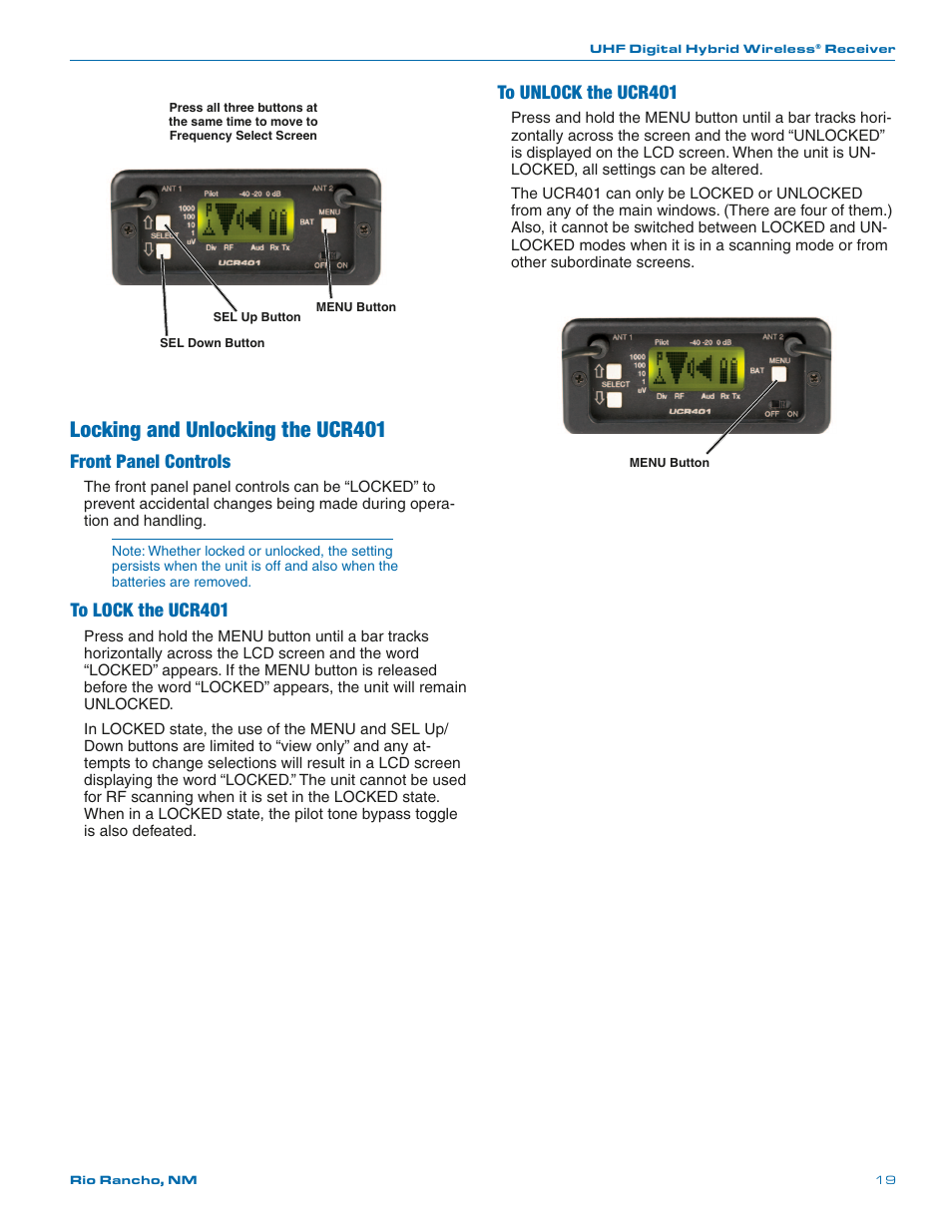 Locking and unlocking the ucr401, Front panel controls | Lectrosonics UCR401 User Manual | Page 19 / 28
