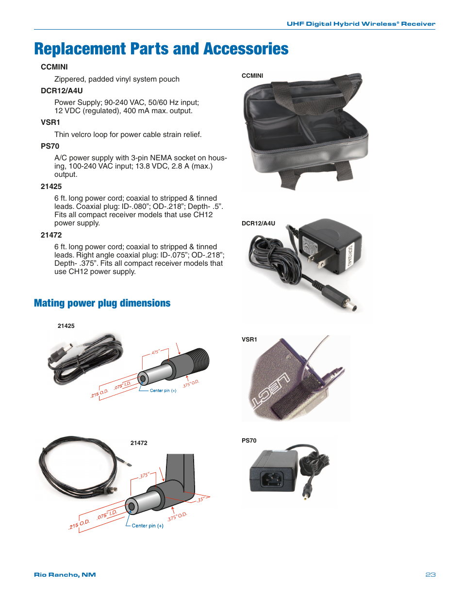 Replacement parts and accessories, Mating power plug dimensions | Lectrosonics UCR401 User Manual | Page 23 / 28