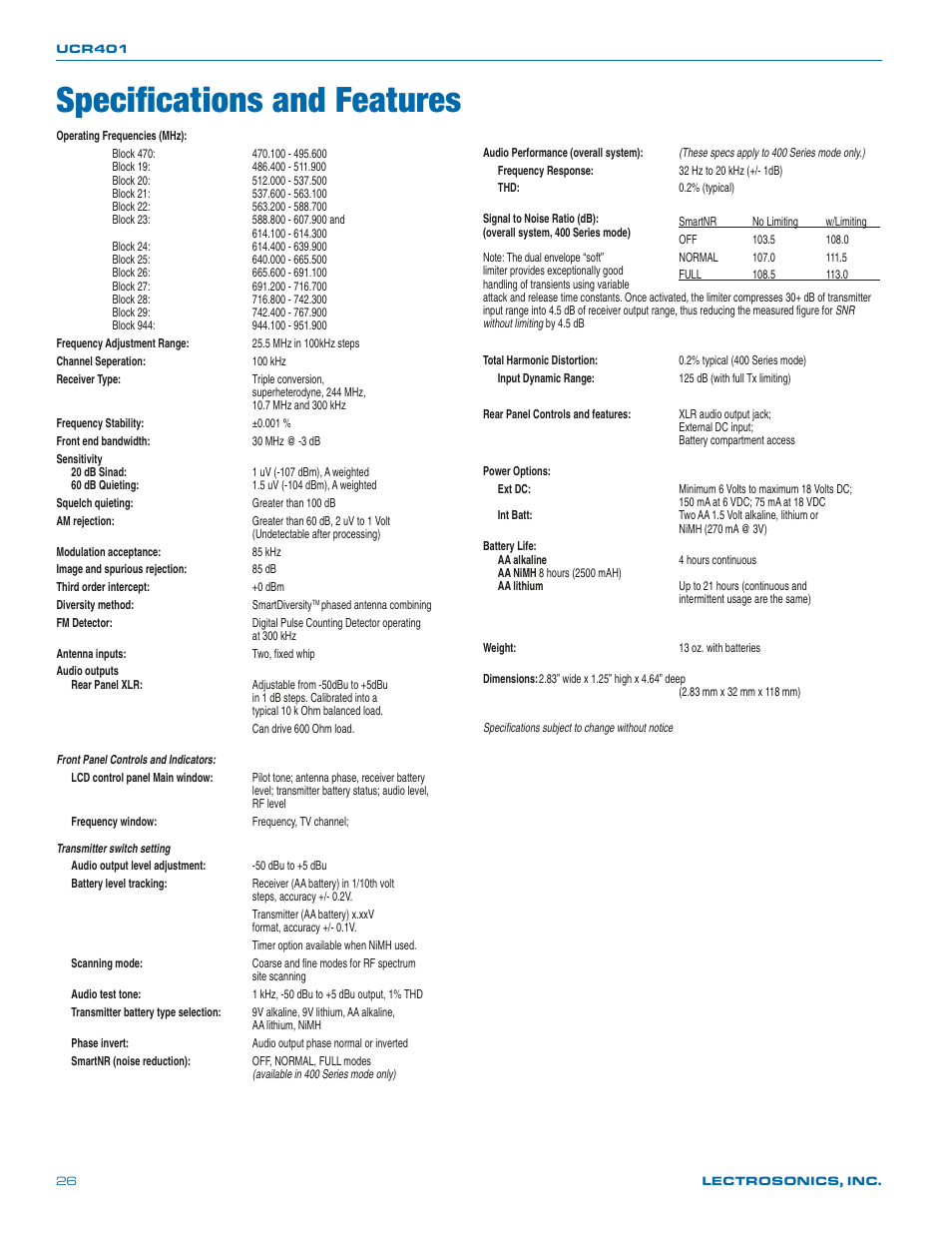 Specifications and features | Lectrosonics UCR401 User Manual | Page 26 / 28