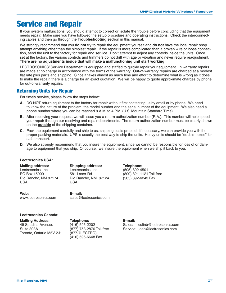 Service and repair, Returning units for repair | Lectrosonics UCR401 User Manual | Page 27 / 28