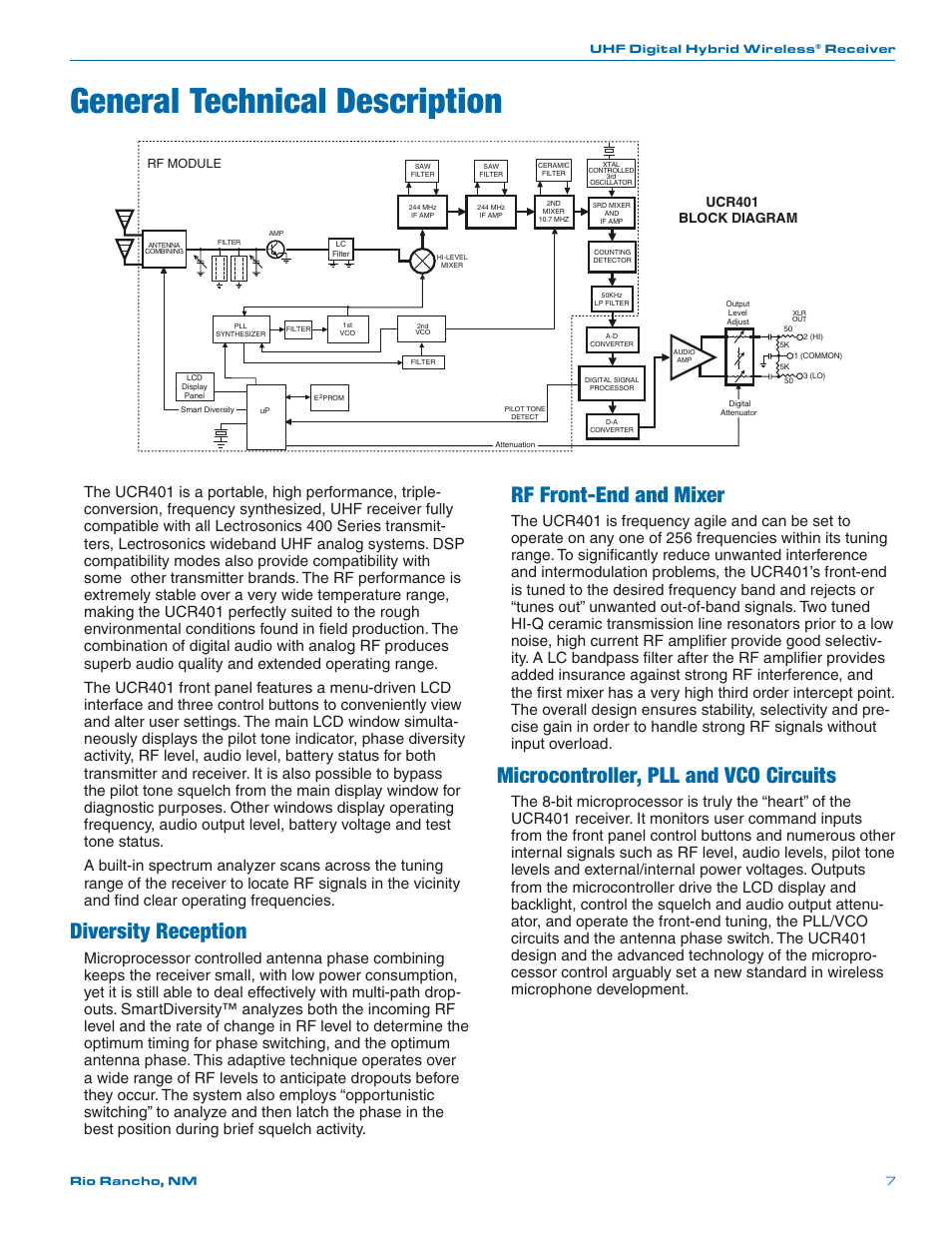 General technical description, Diversity reception, Rf front-end and mixer | Microcontroller, pll and vco circuits | Lectrosonics UCR401 User Manual | Page 7 / 28