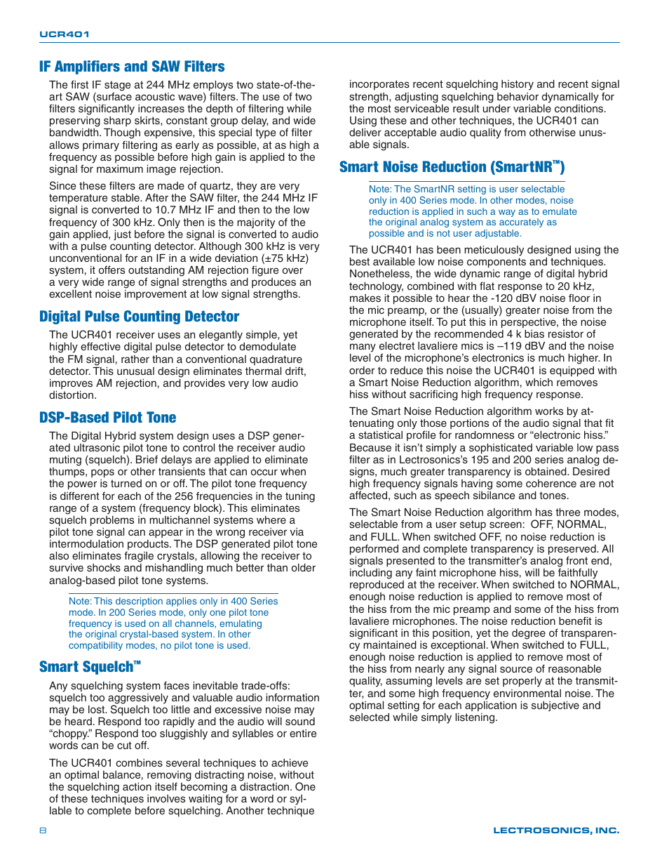 Smart noise reduction (smartnr, If amplifiers and saw filters, Digital pulse counting detector | Dsp-based pilot tone, Smart squelch | Lectrosonics UCR401 User Manual | Page 8 / 28