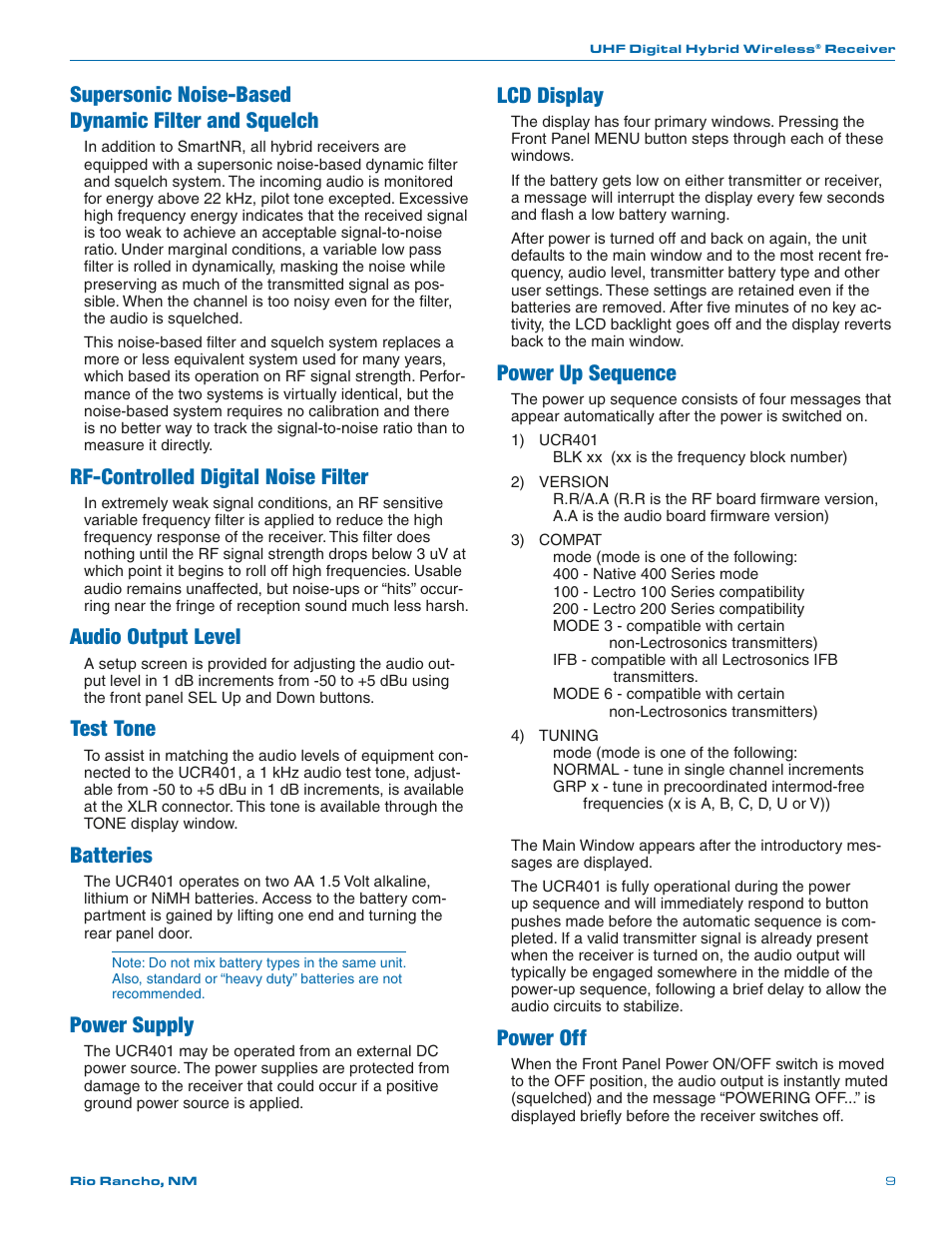 Supersonic noise-based dynamic filter and squelch, Rf-controlled digital noise filter, Audio output level | Test tone, Batteries, Power supply, Lcd display, Power up sequence, Power off | Lectrosonics UCR401 User Manual | Page 9 / 28