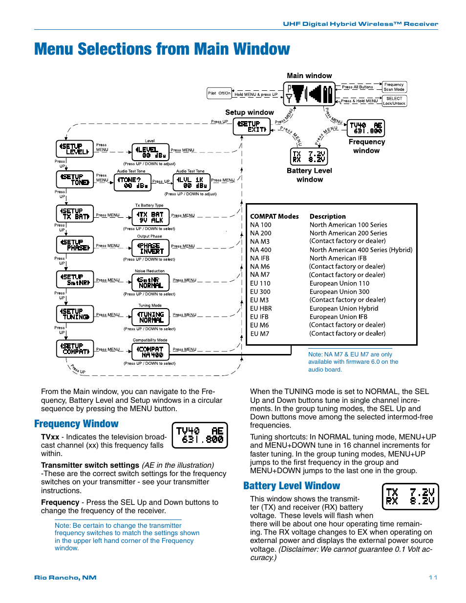 Menu selections from main window, Frequency window, Battery level window | Lectrosonics UCR411a User Manual | Page 11 / 28