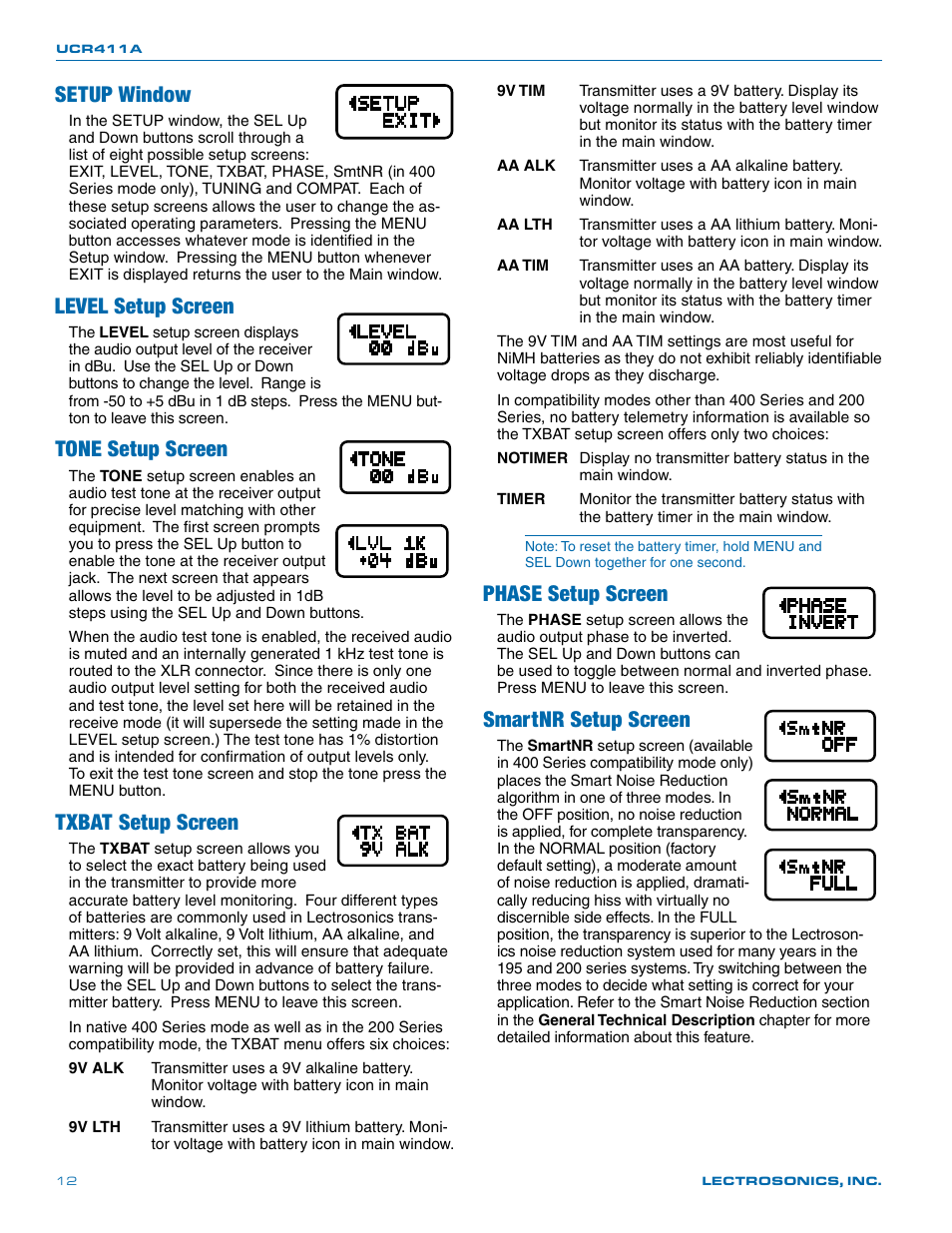 Setup window, Level setup screen, Tone setup screen | Txbat setup screen, Phase setup screen, Smartnr setup screen | Lectrosonics UCR411a User Manual | Page 12 / 28