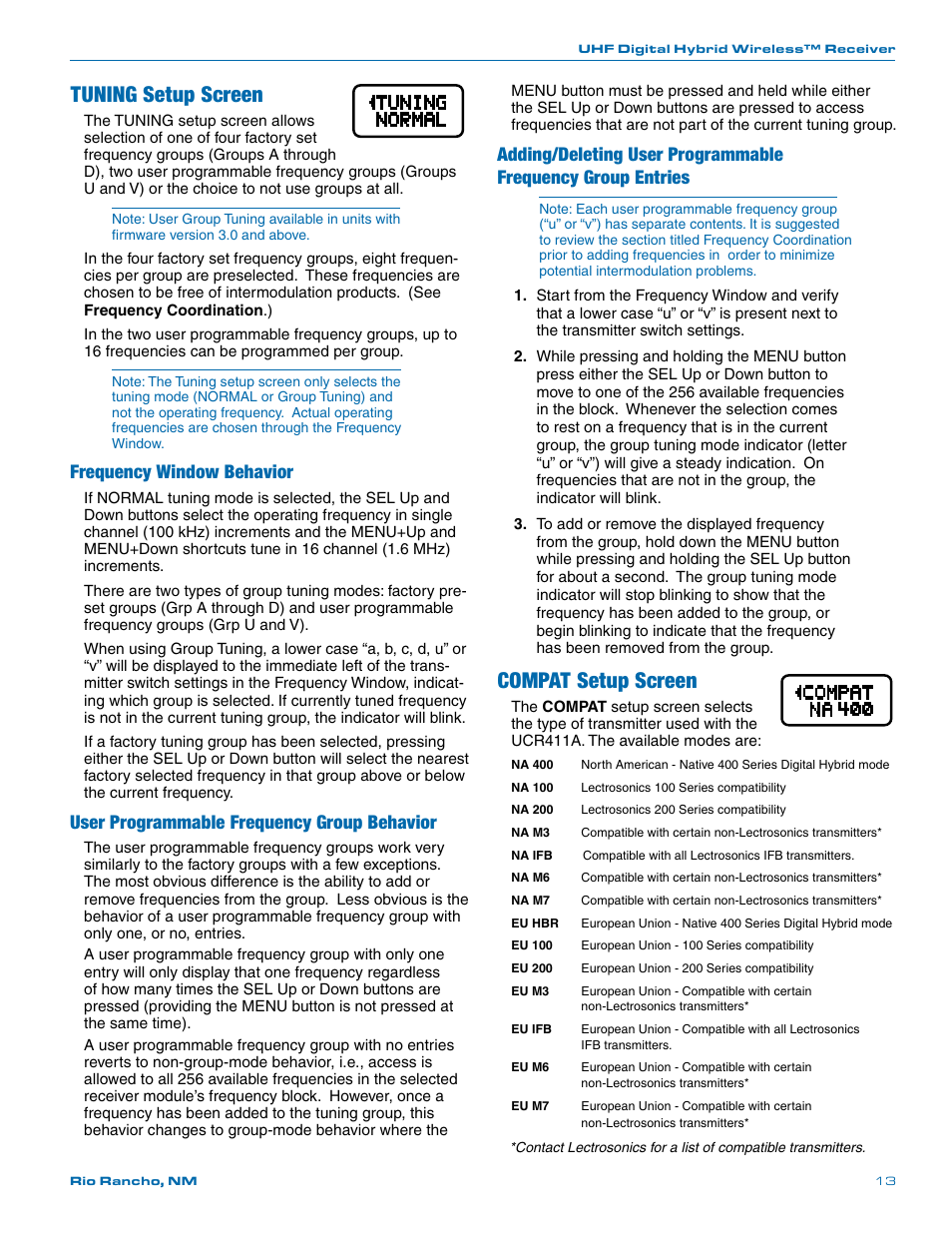 Tuning setup screen, Compat setup screen, Frequency window behavior | User programmable frequency group behavior | Lectrosonics UCR411a User Manual | Page 13 / 28
