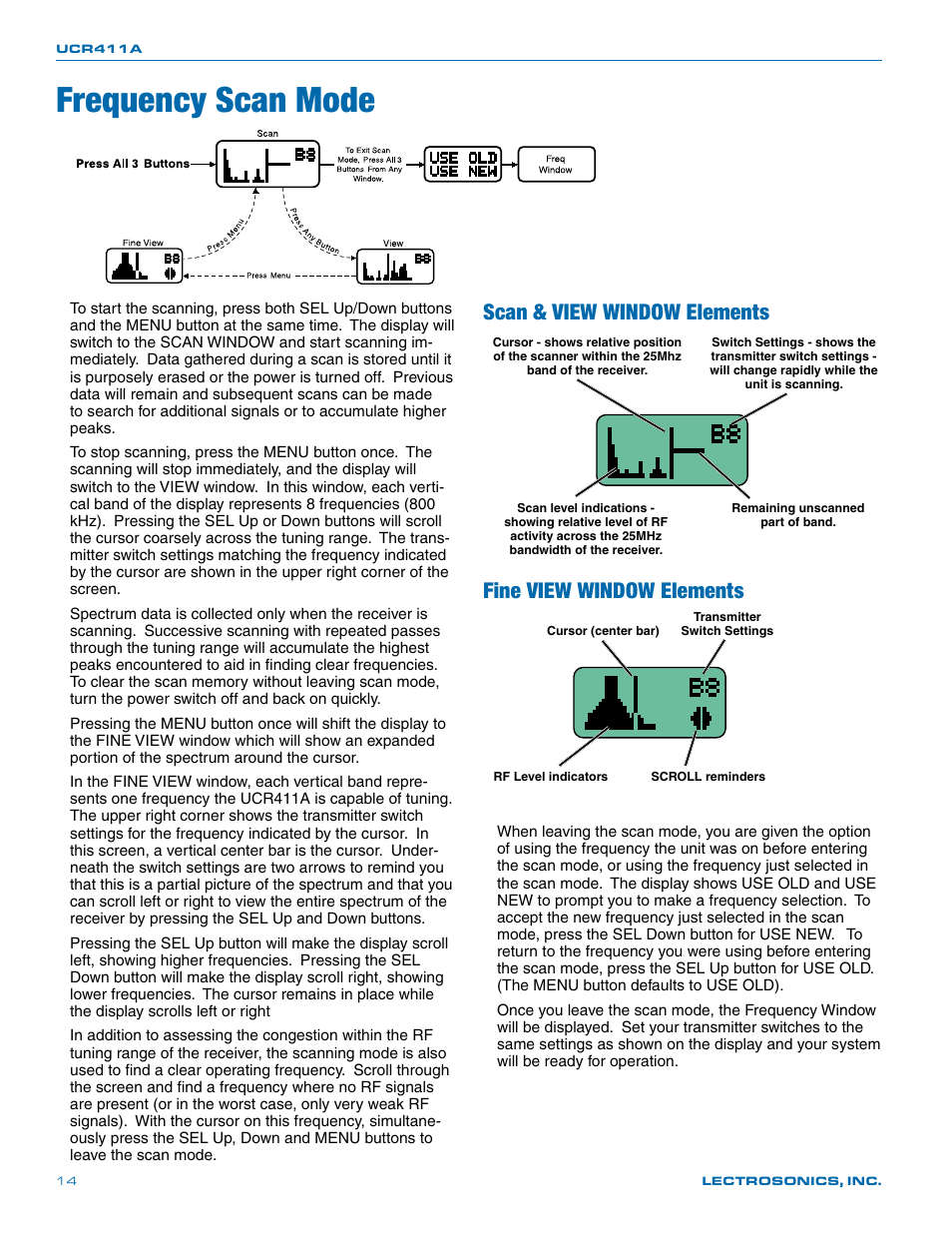 Frequency scan mode, Scan & view window elements, Fine view window elements | Lectrosonics UCR411a User Manual | Page 14 / 28