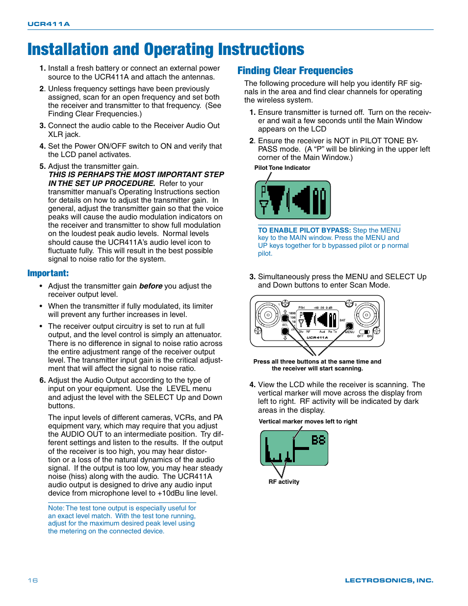 Installation and operating instructions, Finding clear frequencies, Important | Lectrosonics UCR411a User Manual | Page 16 / 28
