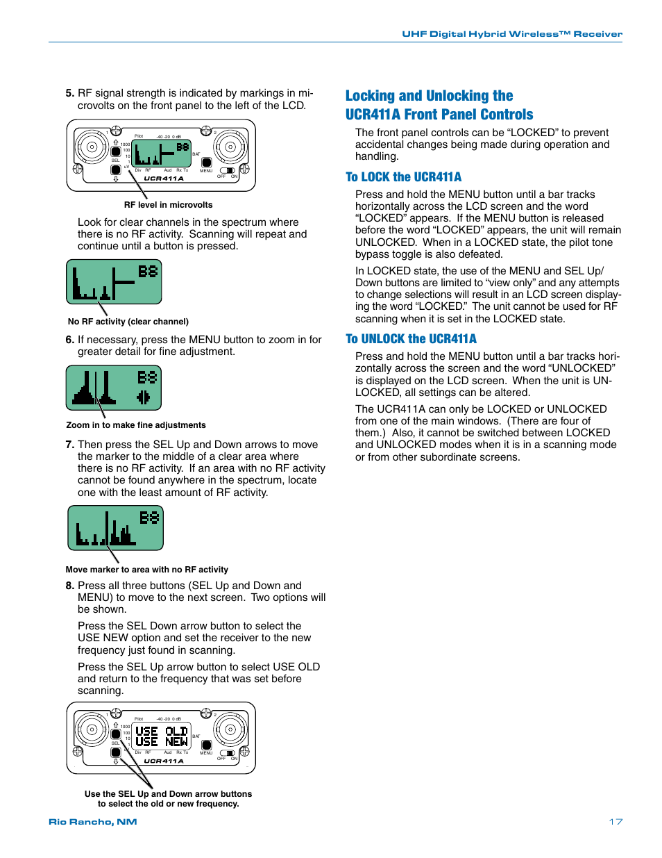 Locking and unlocking the, Ucr411a front panel controls | Lectrosonics UCR411a User Manual | Page 17 / 28