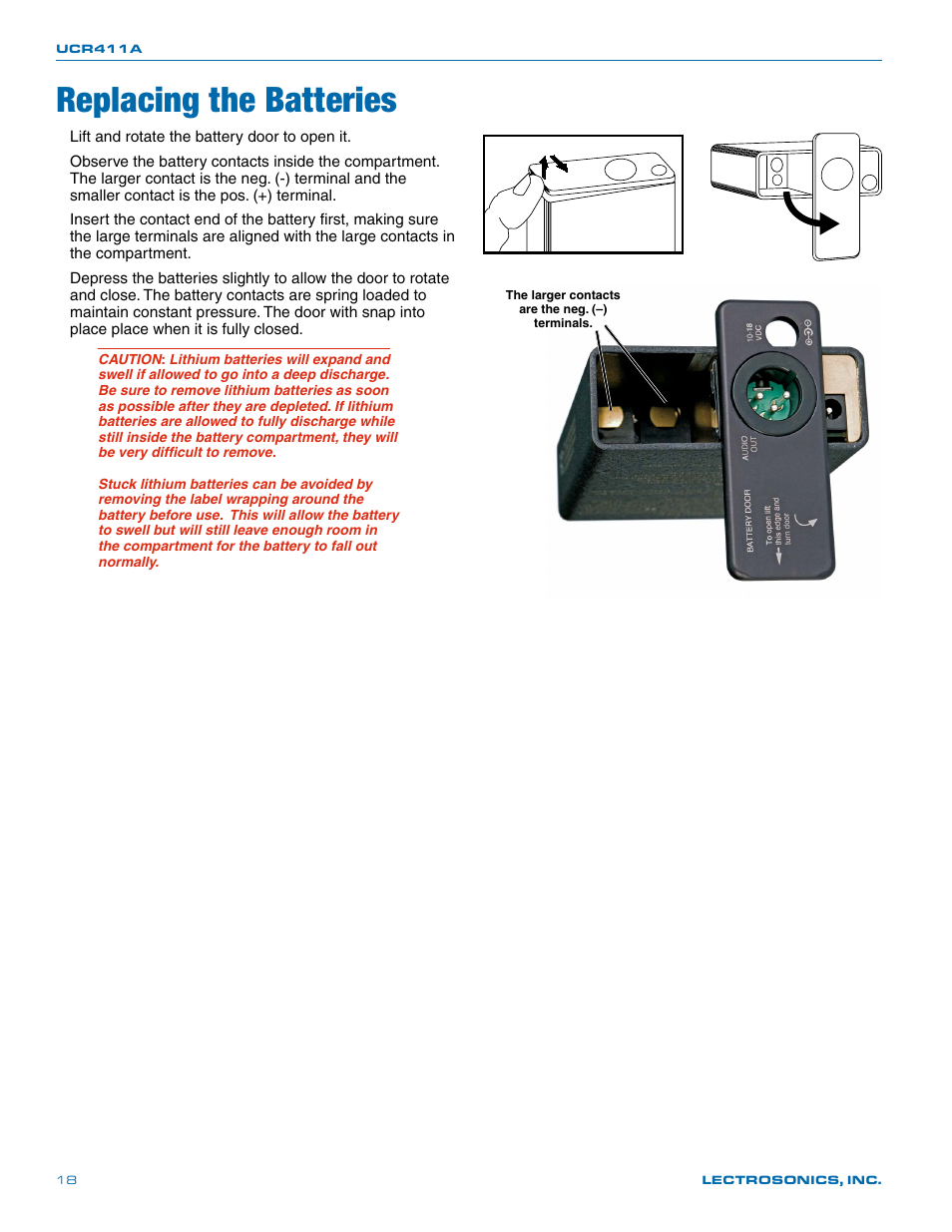Replacing the batteries | Lectrosonics UCR411a User Manual | Page 18 / 28