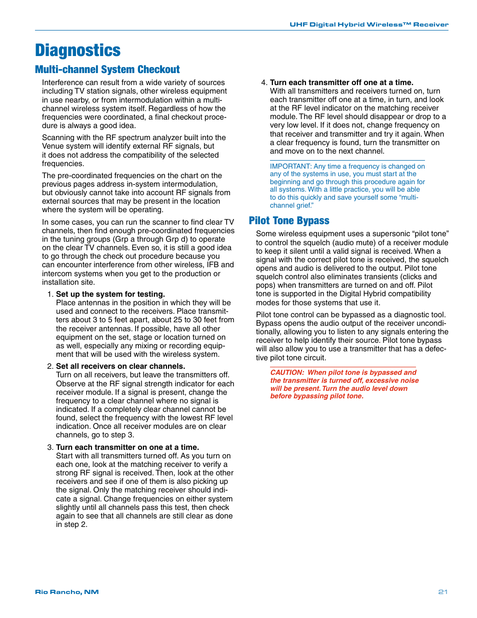 Diagnostics, Multi-channel system checkout, Pilot tone bypass | Lectrosonics UCR411a User Manual | Page 21 / 28