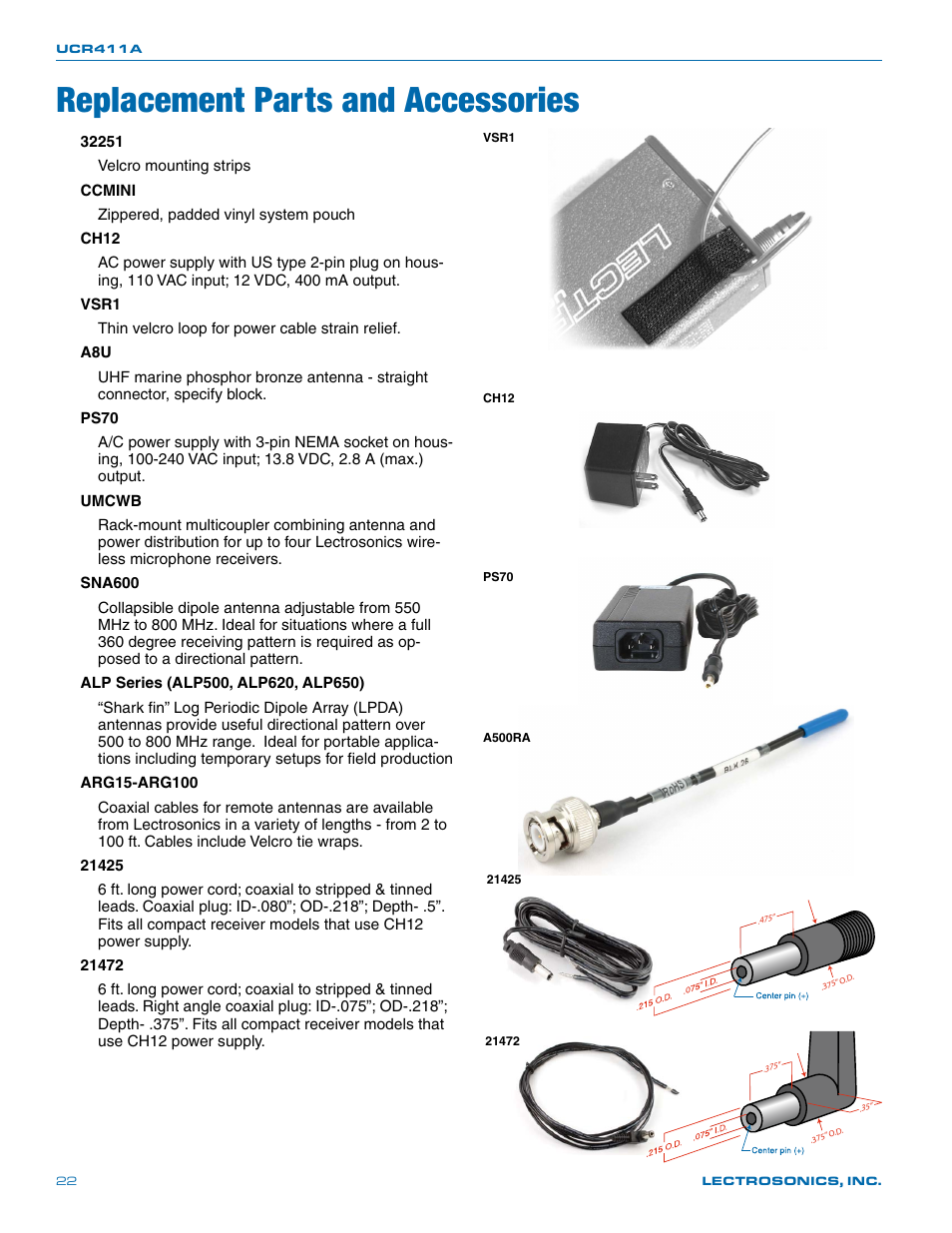 Replacement parts and accessories | Lectrosonics UCR411a User Manual | Page 22 / 28