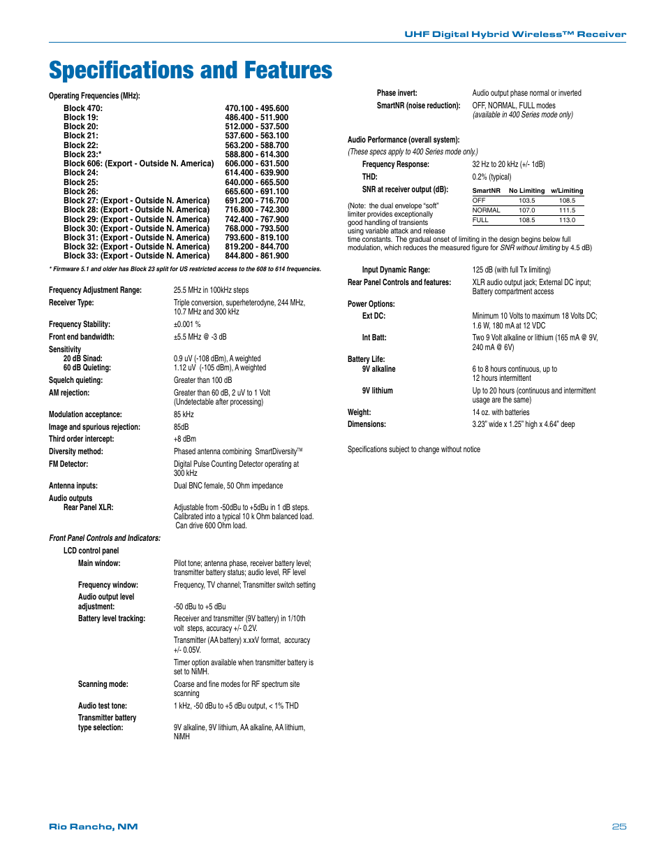 Specifications and features | Lectrosonics UCR411a User Manual | Page 25 / 28