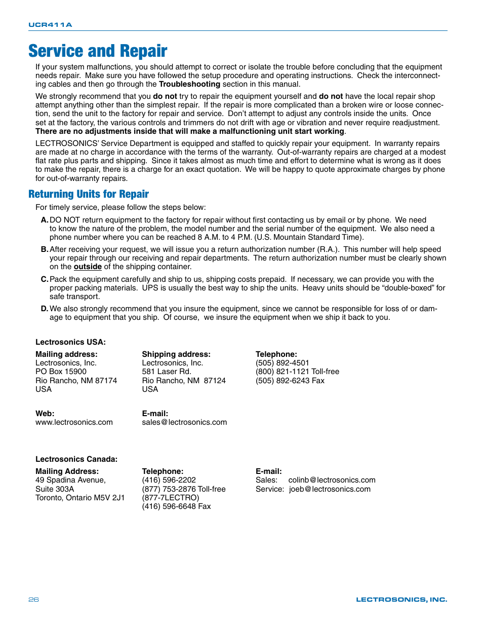 Service and repair, Returning units for repair | Lectrosonics UCR411a User Manual | Page 26 / 28