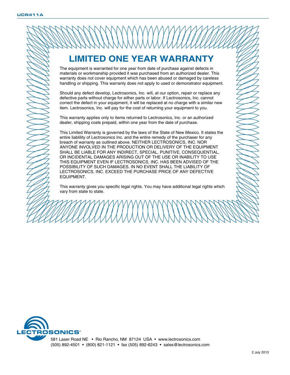 Limited one year warranty | Lectrosonics UCR411a User Manual | Page 28 / 28