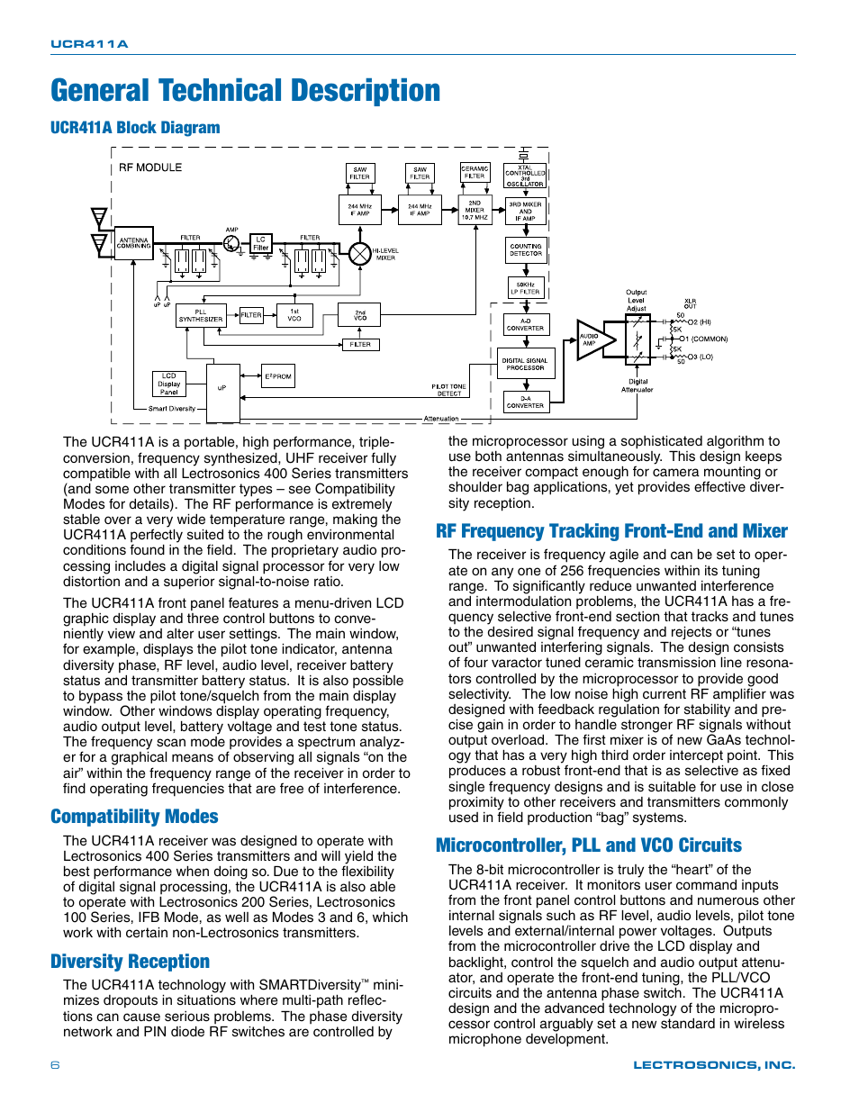 General technical description, Compatibility modes, Diversity reception | Rf frequency tracking front-end and mixer, Microcontroller, pll and vco circuits, Ucr411a block diagram | Lectrosonics UCR411a User Manual | Page 6 / 28