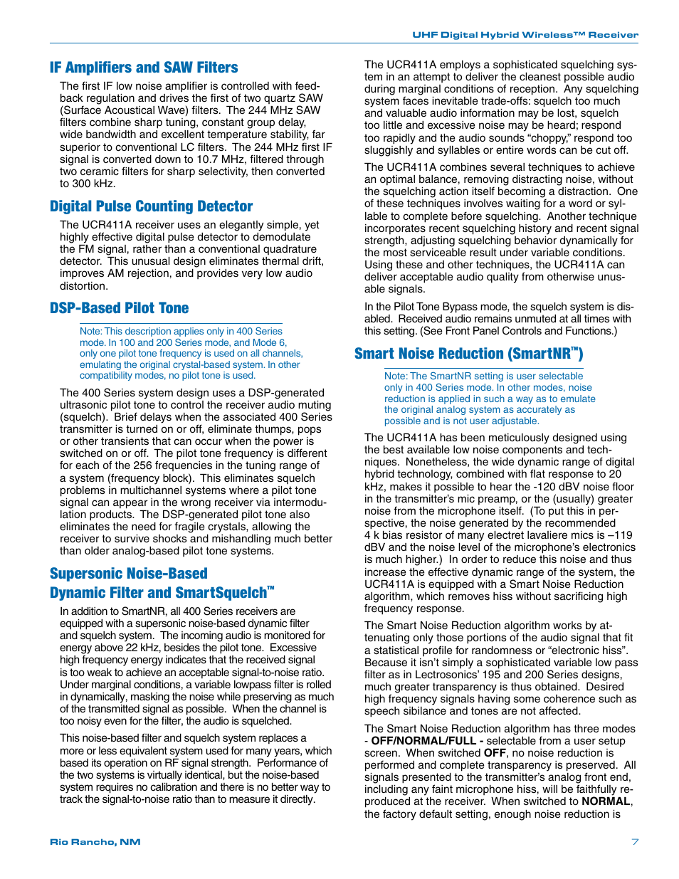 If amplifiers and saw filters, Digital pulse counting detector, Dsp-based pilot tone | Supersonic noise-based, Dynamic filter and smartsquelch, Smart noise reduction (smartnr | Lectrosonics UCR411a User Manual | Page 7 / 28