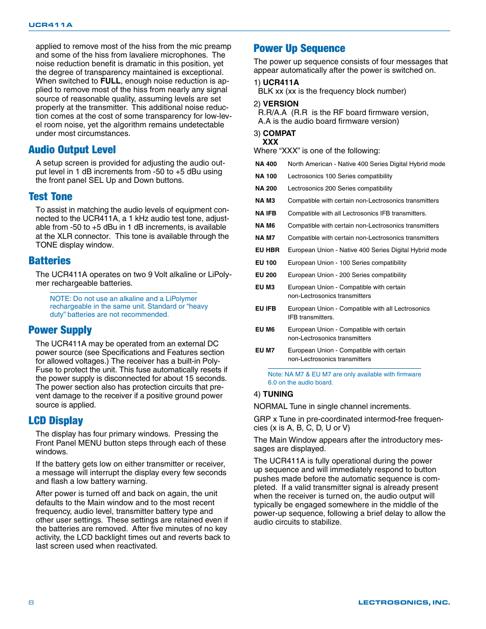 Audio output level, Test tone, Batteries | Power supply, Lcd display, Power off, Power up sequence | Lectrosonics UCR411a User Manual | Page 8 / 28