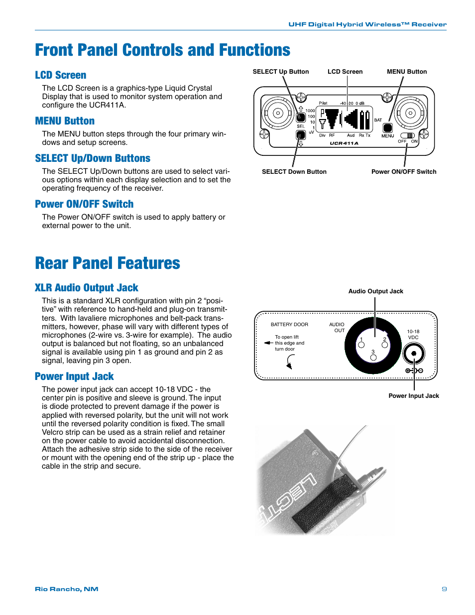 Front panel controls and functions, Lcd screen, Menu button | Select up/down buttons, Power on/off switch, Rear panel features, Xlr audio output jack, Power input jack | Lectrosonics UCR411a User Manual | Page 9 / 28