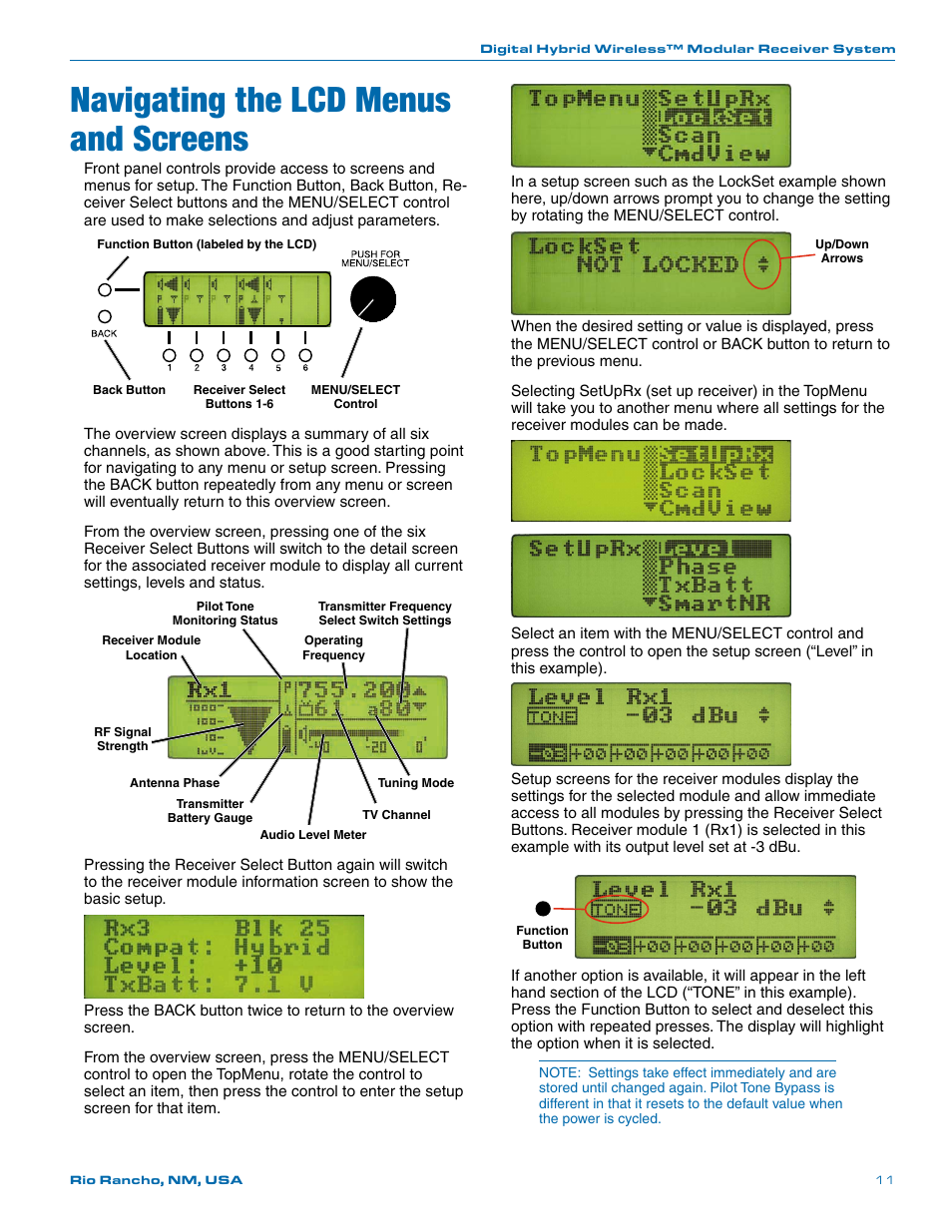 Navigating the lcd menus and screens | Lectrosonics Venue Series (Wideband) User Manual | Page 11 / 32