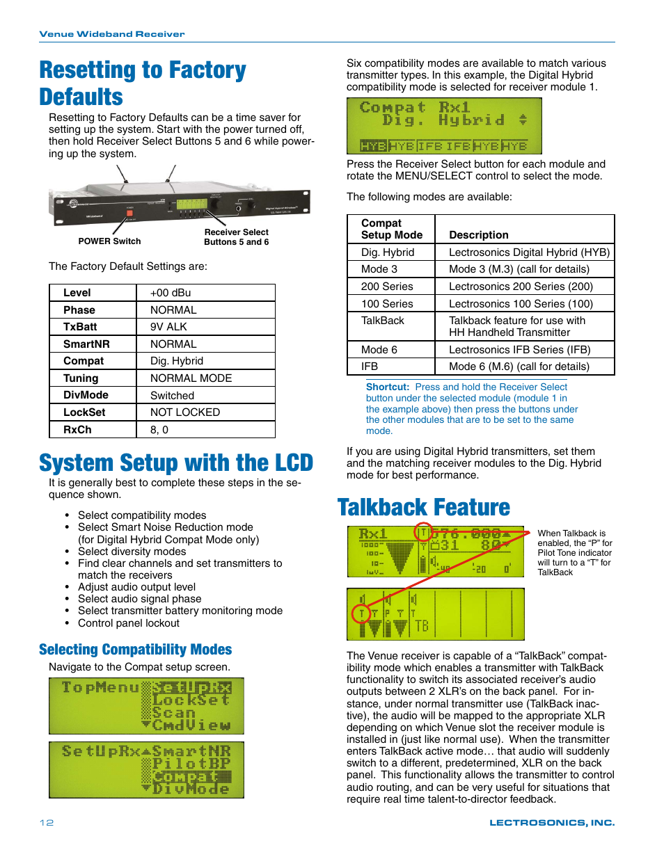 Resetting to factory defaults, System setup with the lcd, Selecting compatibility modes | Selecting the noise reduction mode, Talkback feature | Lectrosonics Venue Series (Wideband) User Manual | Page 12 / 32