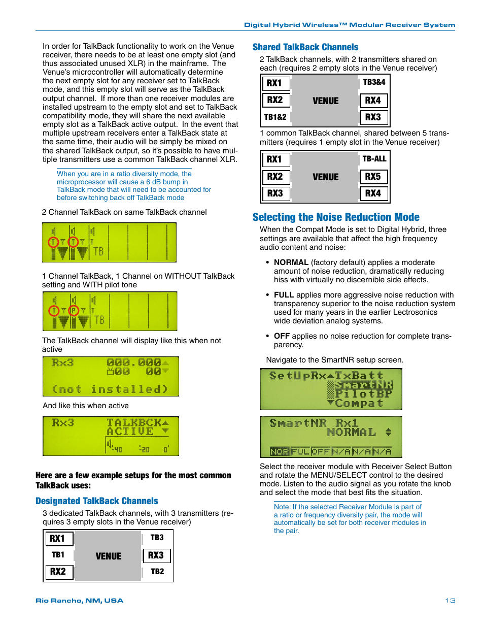 Selecting diversity modes, Selecting the noise reduction mode, Designated talkback channels | Venue rx1 rx2 rx3, Shared talkback channels, Venue rx1 rx2 rx4, Venue rx1 rx2 rx5, Rx3 rx4 | Lectrosonics Venue Series (Wideband) User Manual | Page 13 / 32