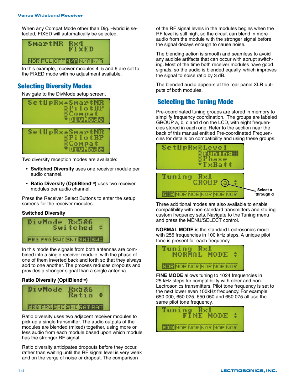 Selecting the tuning mode, Finding clear frequencies with smarttune, Selecting diversity modes | Lectrosonics Venue Series (Wideband) User Manual | Page 14 / 32