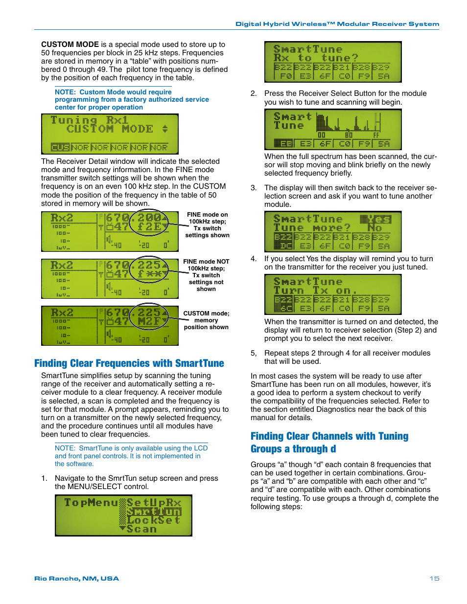 Finding clear channelsusing full spectrum scan, Finding clear frequencies with smarttune | Lectrosonics Venue Series (Wideband) User Manual | Page 15 / 32