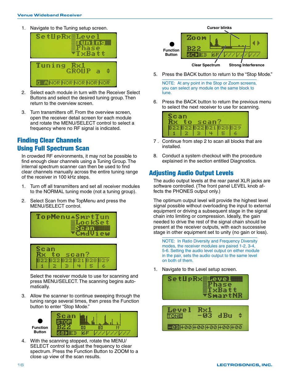 Adjusting audio output levels, Selecting audio phase, Finding clear channels using full spectrum scan | Lectrosonics Venue Series (Wideband) User Manual | Page 16 / 32