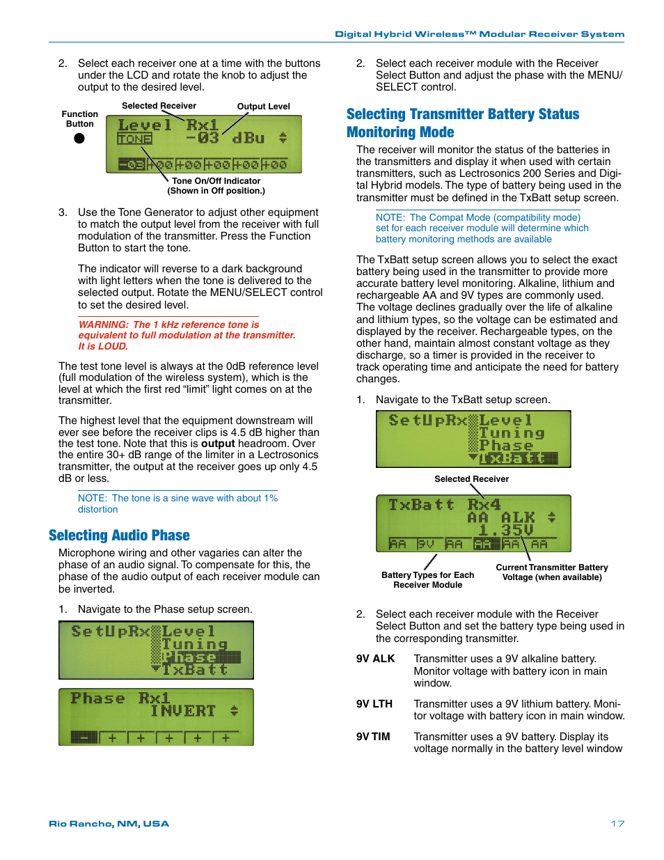 Selecting audio phase | Lectrosonics Venue Series (Wideband) User Manual | Page 17 / 32