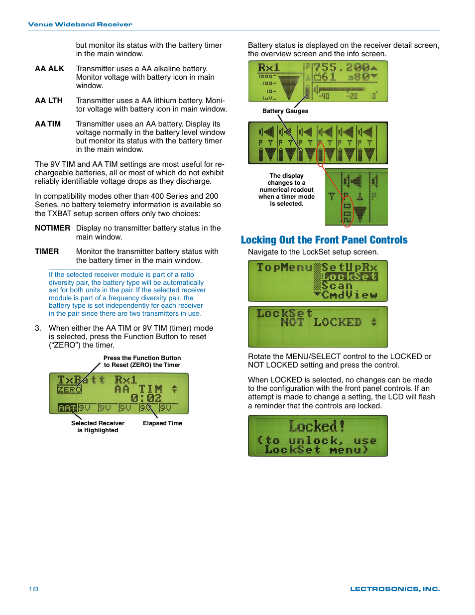 Locking out the front panel controls | Lectrosonics Venue Series (Wideband) User Manual | Page 18 / 32