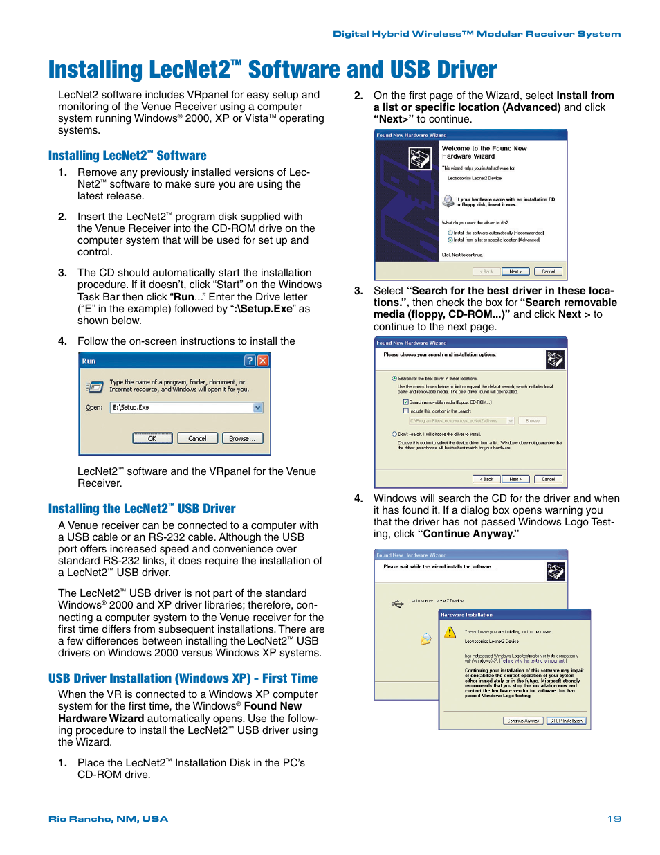 Installing lecnet2, Software and usb driver, Firmware update instructions | Software, Installing the lecnet2, Usb driver, Usb driver installation (windows xp) - first time | Lectrosonics Venue Series (Wideband) User Manual | Page 19 / 32