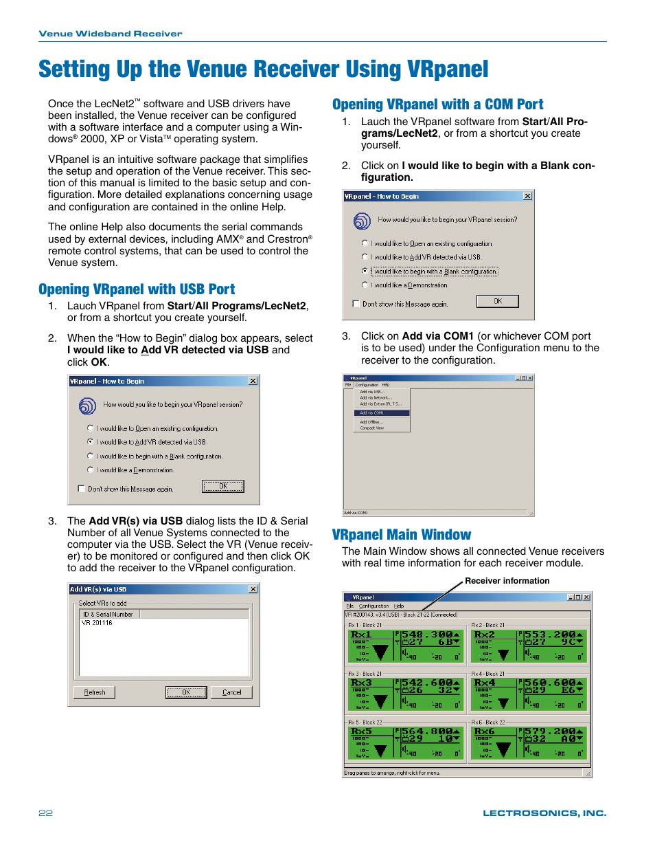 Setting up the venue receiver using vrpanel, Opening vrpanel with usb port, Opening vrpanel with a com port | Vrpanel main window | Lectrosonics Venue Series (Wideband) User Manual | Page 22 / 32