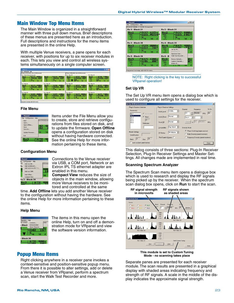 Main window top menu items, Popup menu items | Lectrosonics Venue Series (Wideband) User Manual | Page 23 / 32