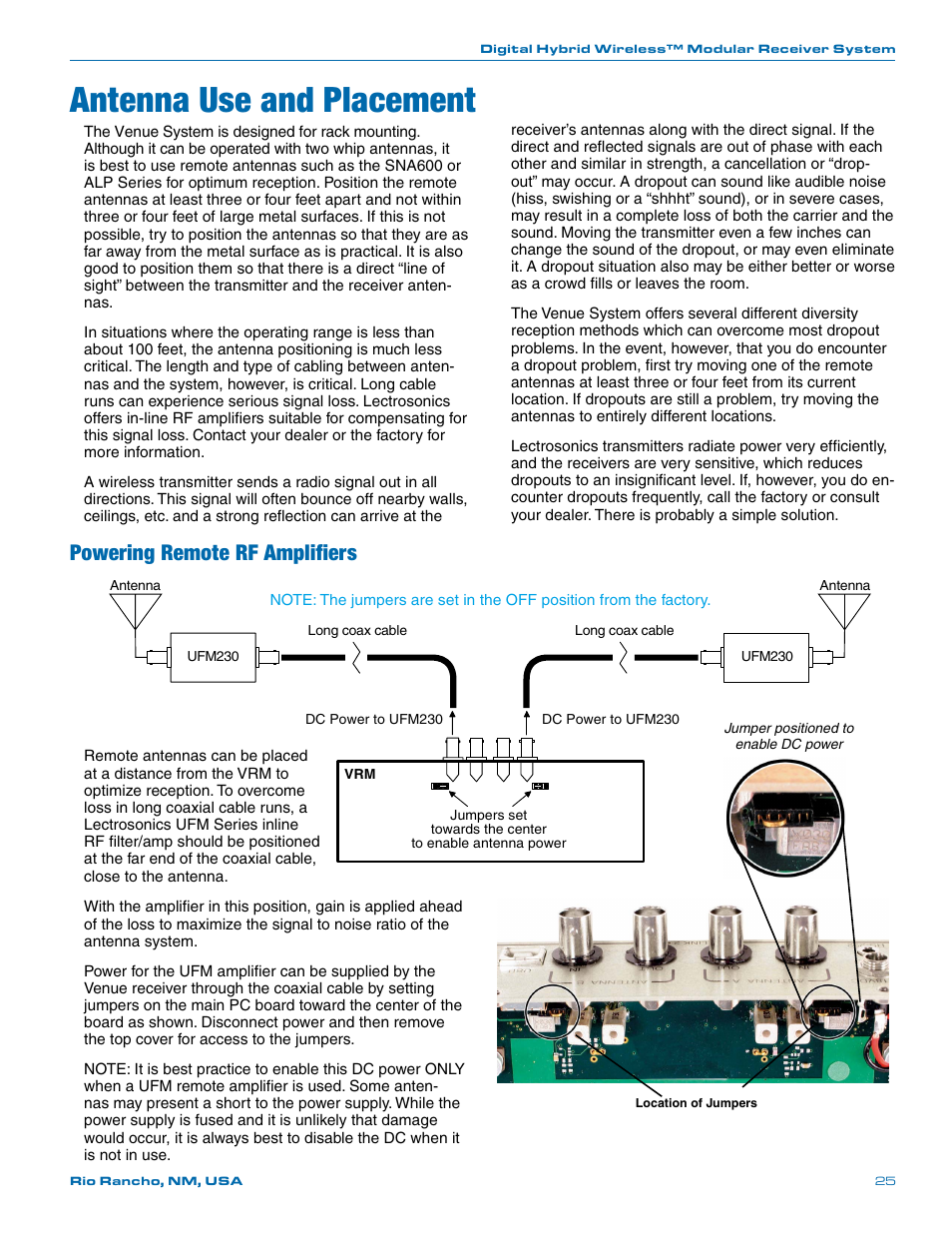 Antenna use and placement, Powering remote rf amplifiers | Lectrosonics Venue Series (Wideband) User Manual | Page 25 / 32