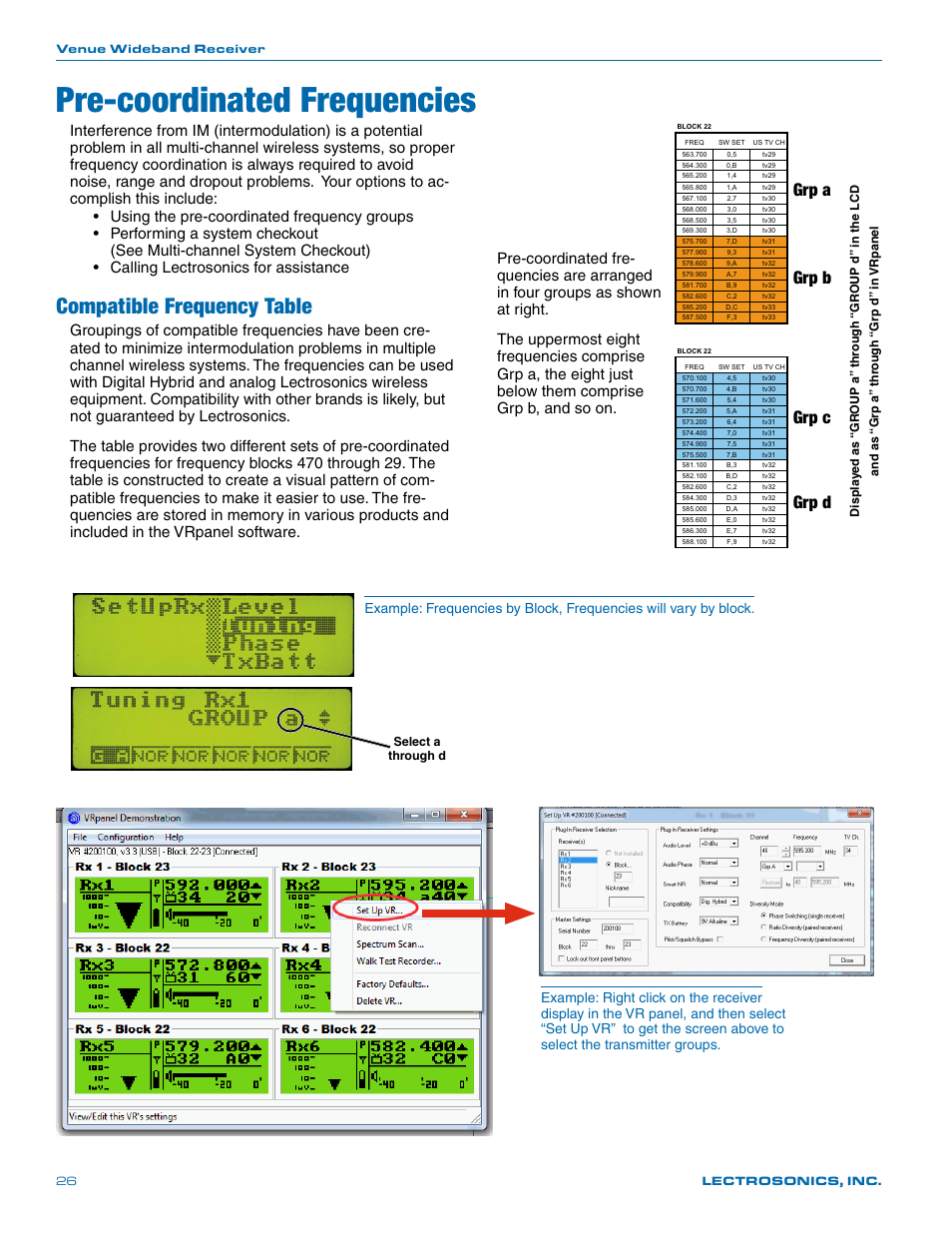 Pre-coordinated frequencies, Compatible frequency table, Grp a | Grp b grp c grp d | Lectrosonics Venue Series (Wideband) User Manual | Page 26 / 32
