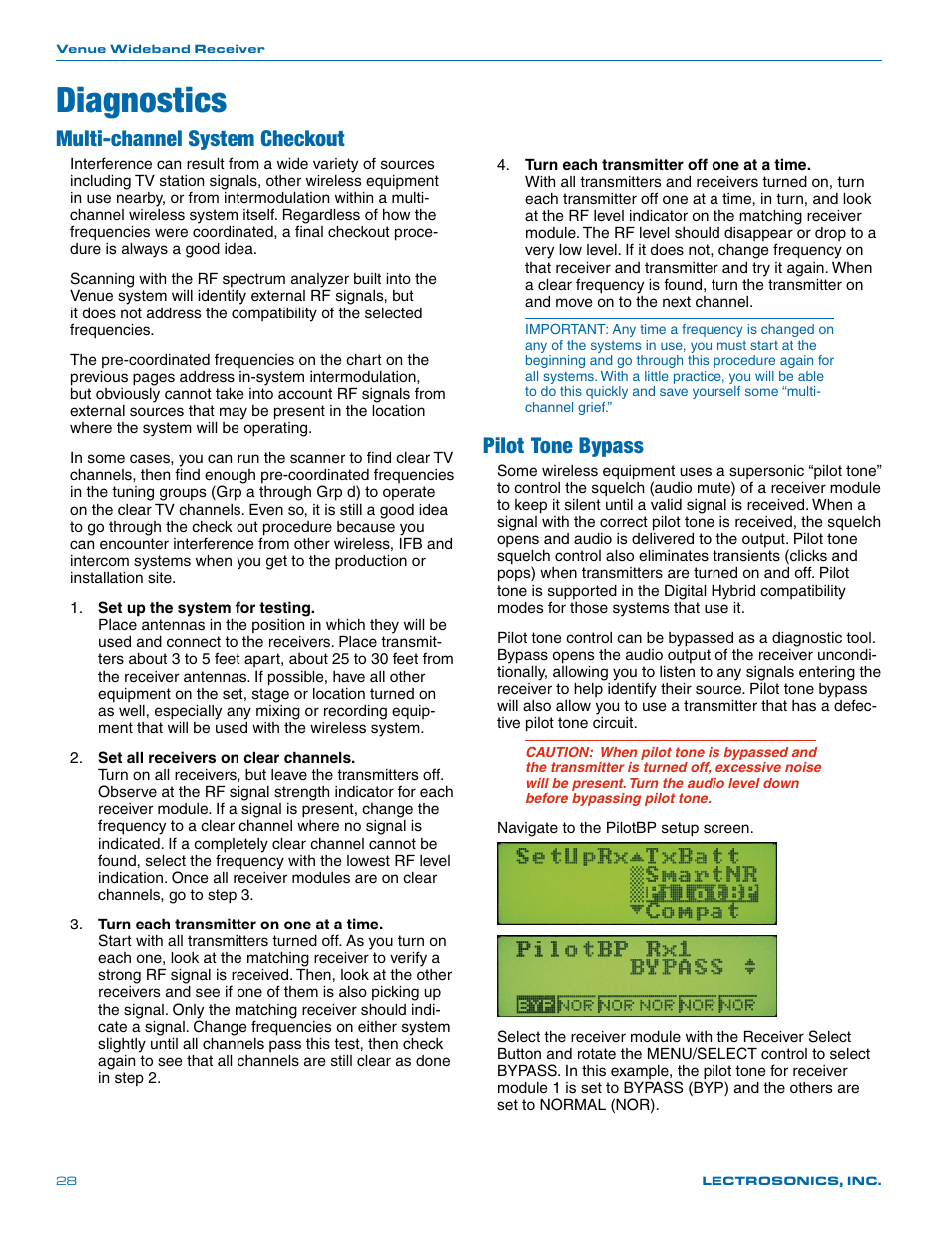 Diagnostics, Multi-channel system checkout, Pilot tone bypass | Lectrosonics Venue Series (Wideband) User Manual | Page 28 / 32