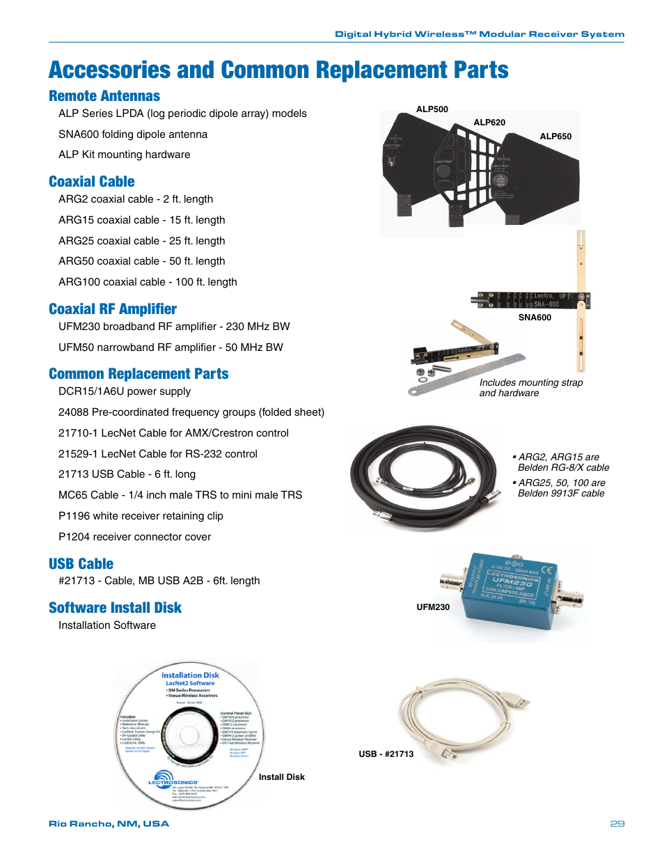 Accessories and common replacement parts, Remote antennas, Coaxial cable | Coaxial rf amplifier, Common replacement parts, Usb cable, Software install disk | Lectrosonics Venue Series (Wideband) User Manual | Page 29 / 32