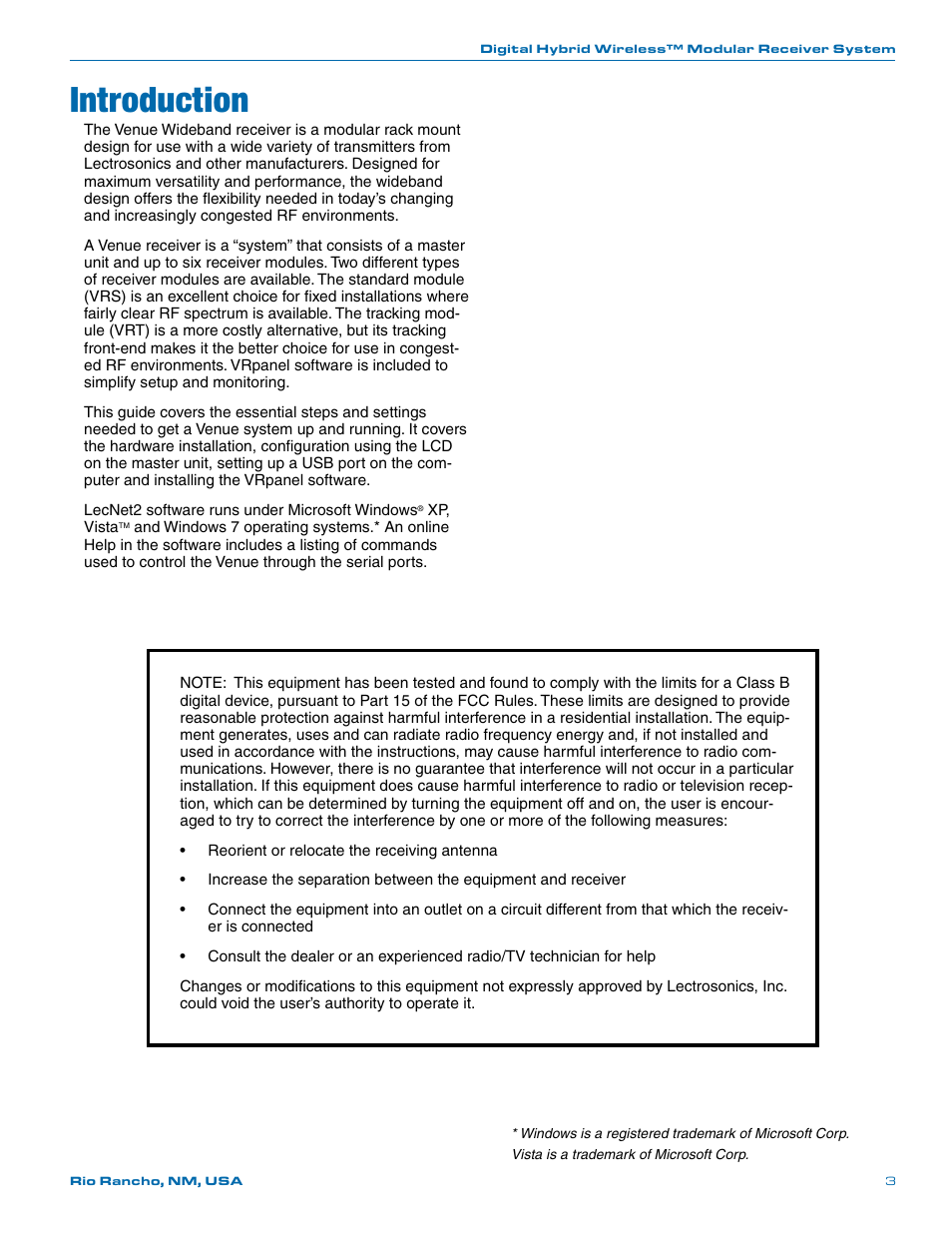 Introduction | Lectrosonics Venue Series (Wideband) User Manual | Page 3 / 32