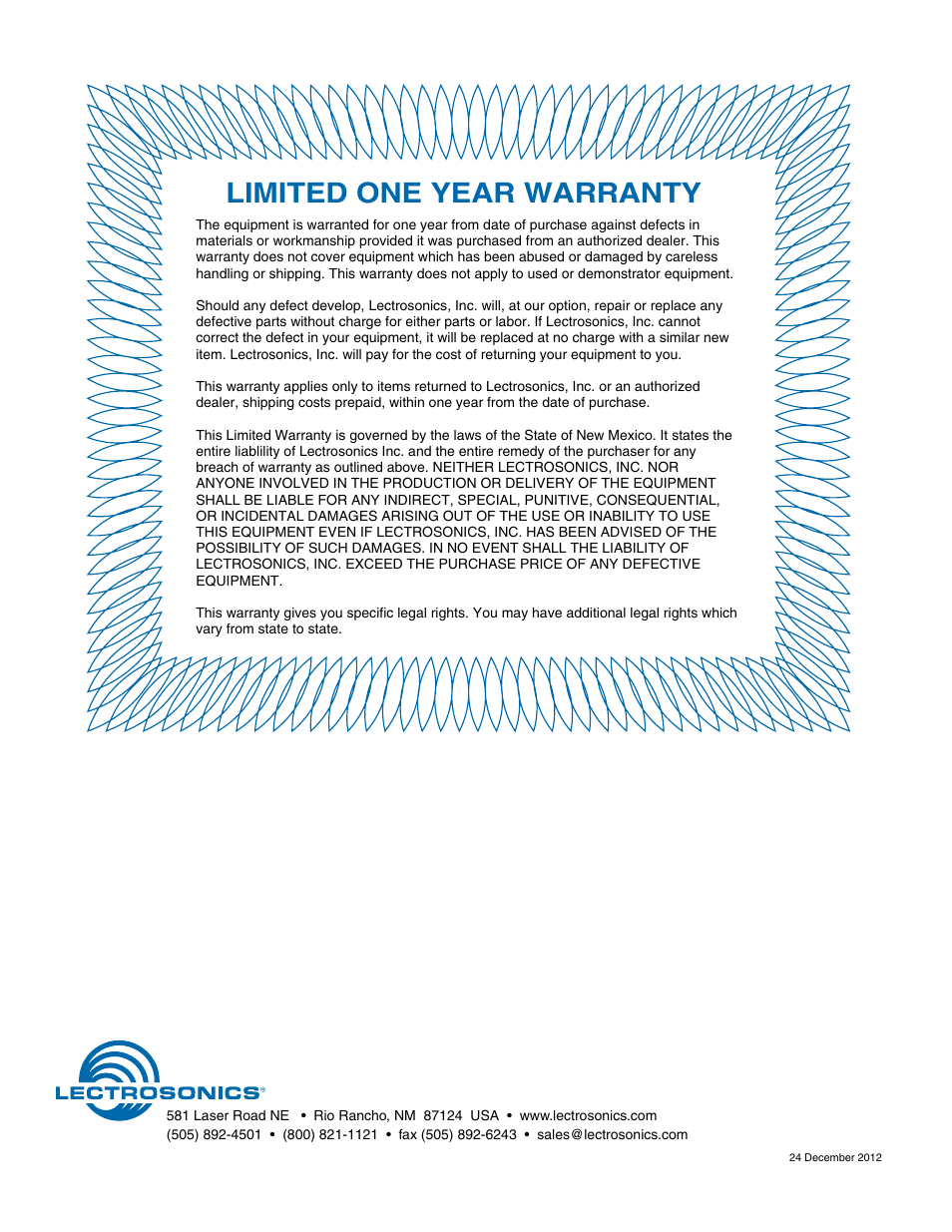 Limited one year warranty | Lectrosonics Venue Series (Wideband) User Manual | Page 32 / 32