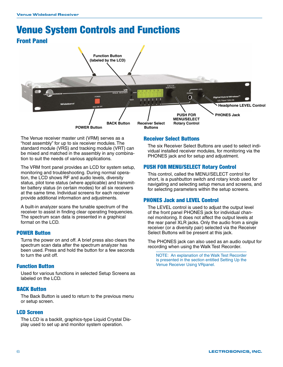 Venue system controls and functions, Front panel, Power button | Function button, Back button, Lcd screen, Receiver select buttons, Push for menu/select rotary control, Phones jack and level control | Lectrosonics Venue Series (Wideband) User Manual | Page 6 / 32