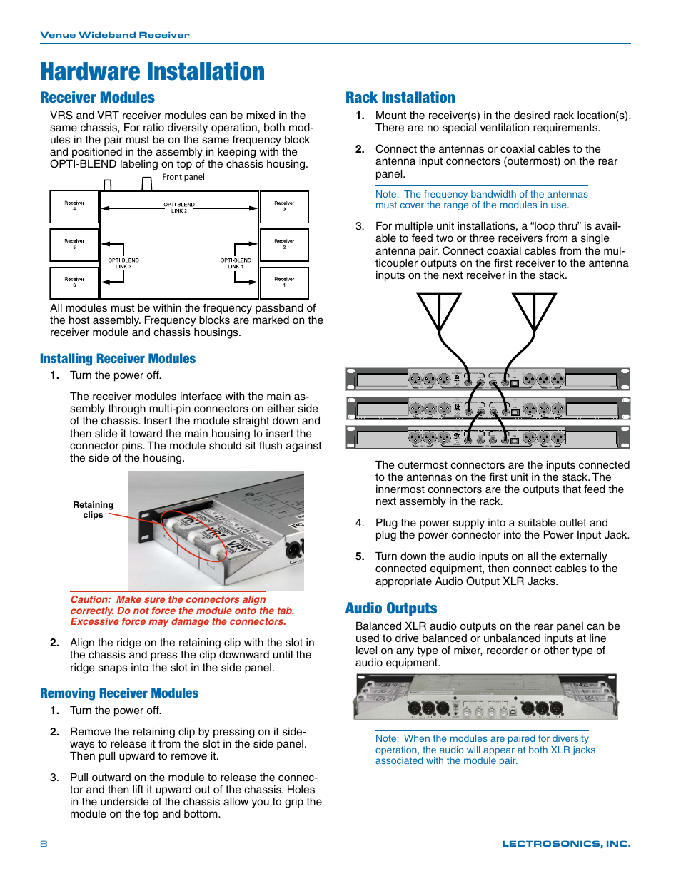 Hardware installation, Receiver modules, Rack installation | Audio outputs, Installing receiver modules, Removing receiver modules, Venue wideband receiver lectrosonics, inc. 8, Front panel retaining clips | Lectrosonics Venue Series (Wideband) User Manual | Page 8 / 32