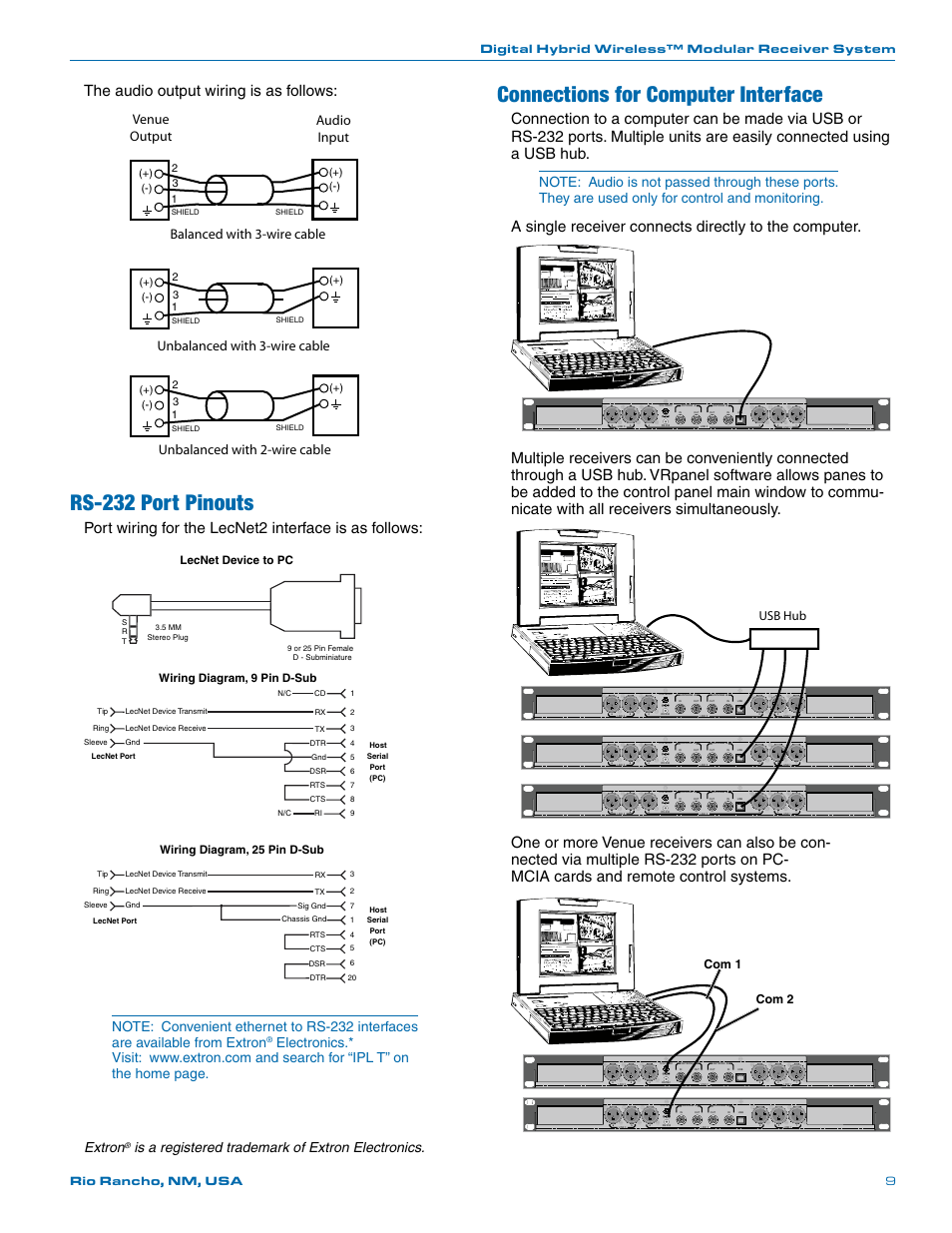 Rs-232 port pinouts, Connections for computer interface, The audio output wiring is as follows | Extron, Is a registered trademark of extron electronics, Usb hub, Com 1 com 2, Wiring diagram, 9 pin d-sub, Wiring diagram, 25 pin d-sub, Lecnet device to pc | Lectrosonics Venue Series (Wideband) User Manual | Page 9 / 32